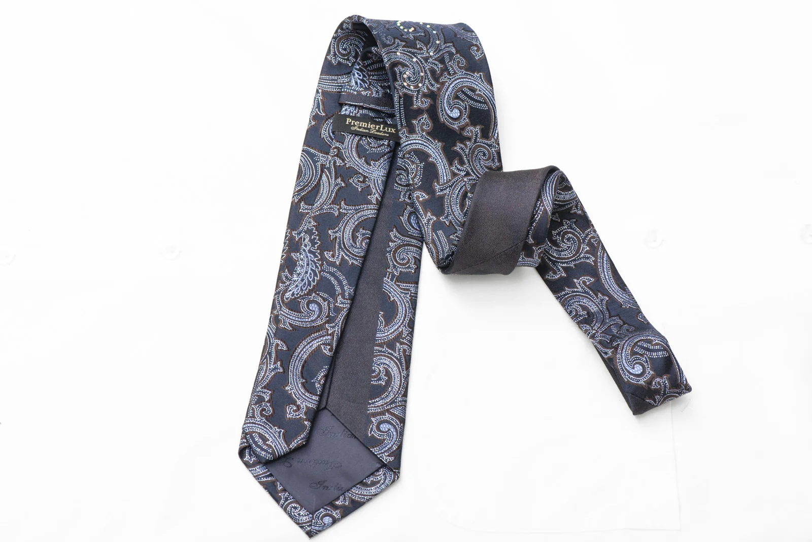 Acanthus On Navy Blue Rhinestone Silk Necktie With Silver Sparkles - Image 4