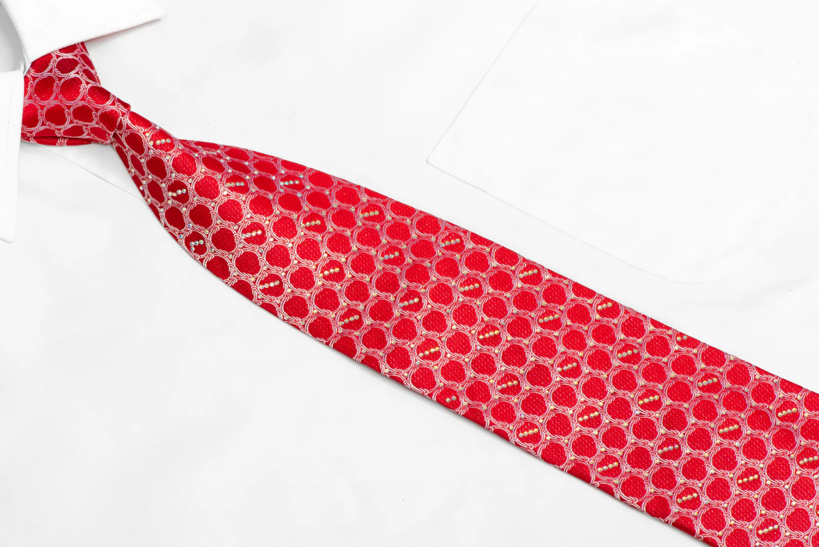 Silver Interlocking Circles On Red Rhinestone Silk Necktie With Silver Sparkles - Image 2