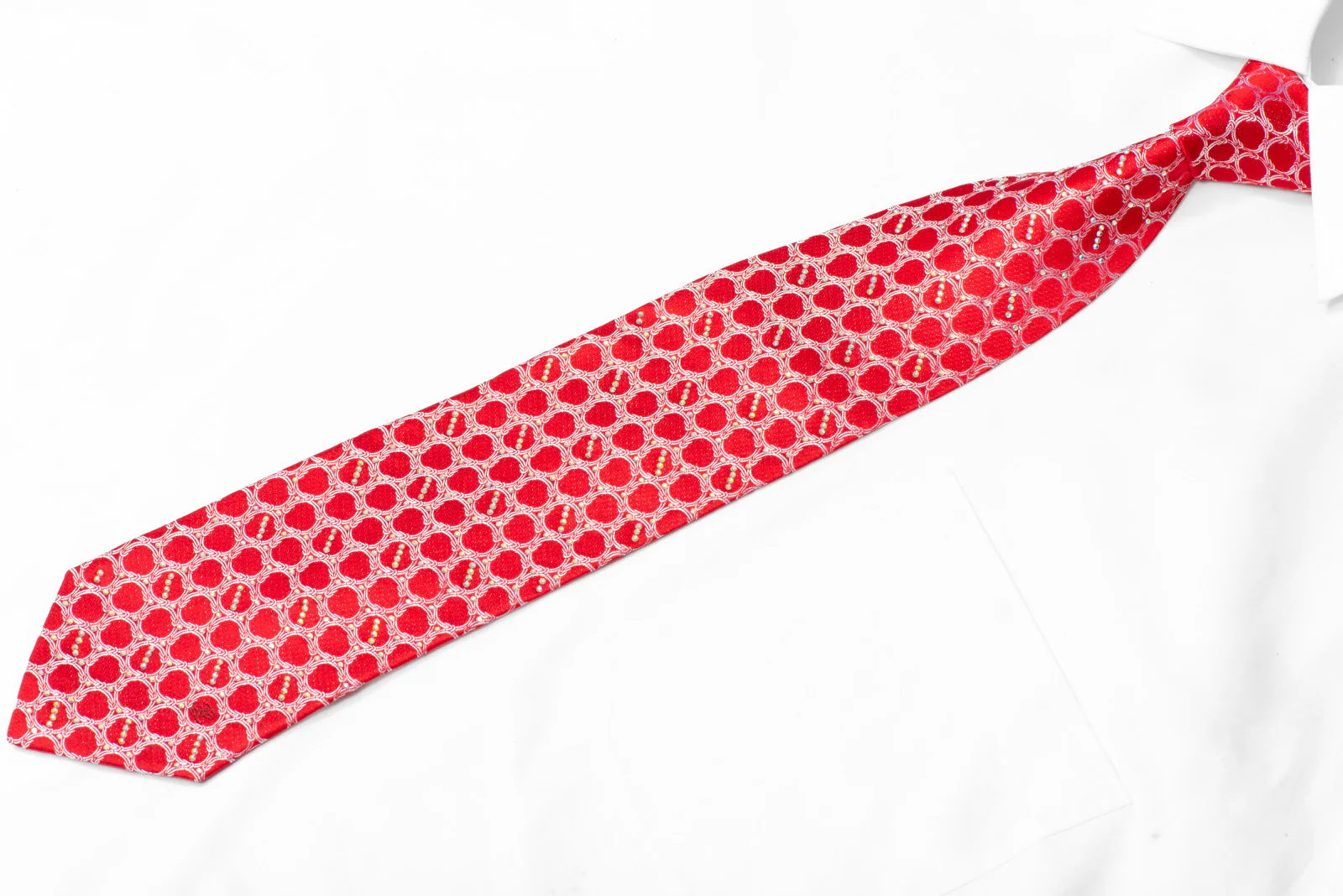 Silver Interlocking Circles On Red Rhinestone Silk Necktie With Silver Sparkles - Image 3
