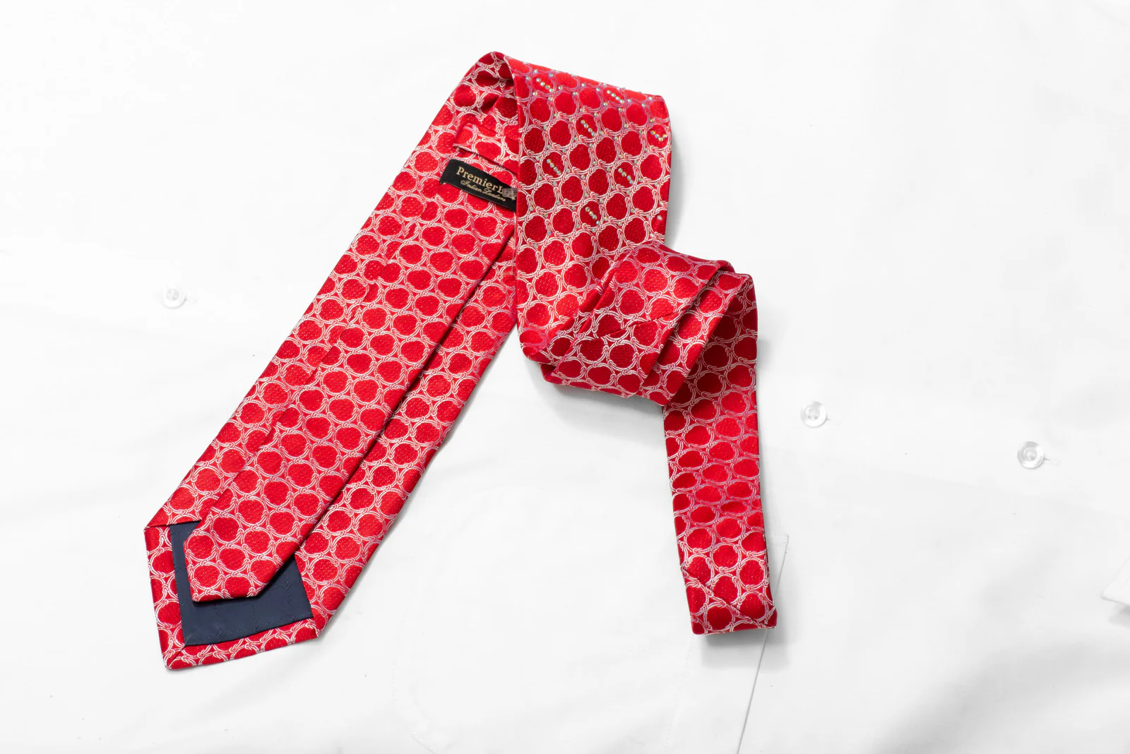 Silver Interlocking Circles On Red Rhinestone Silk Necktie With Silver Sparkles - Image 4