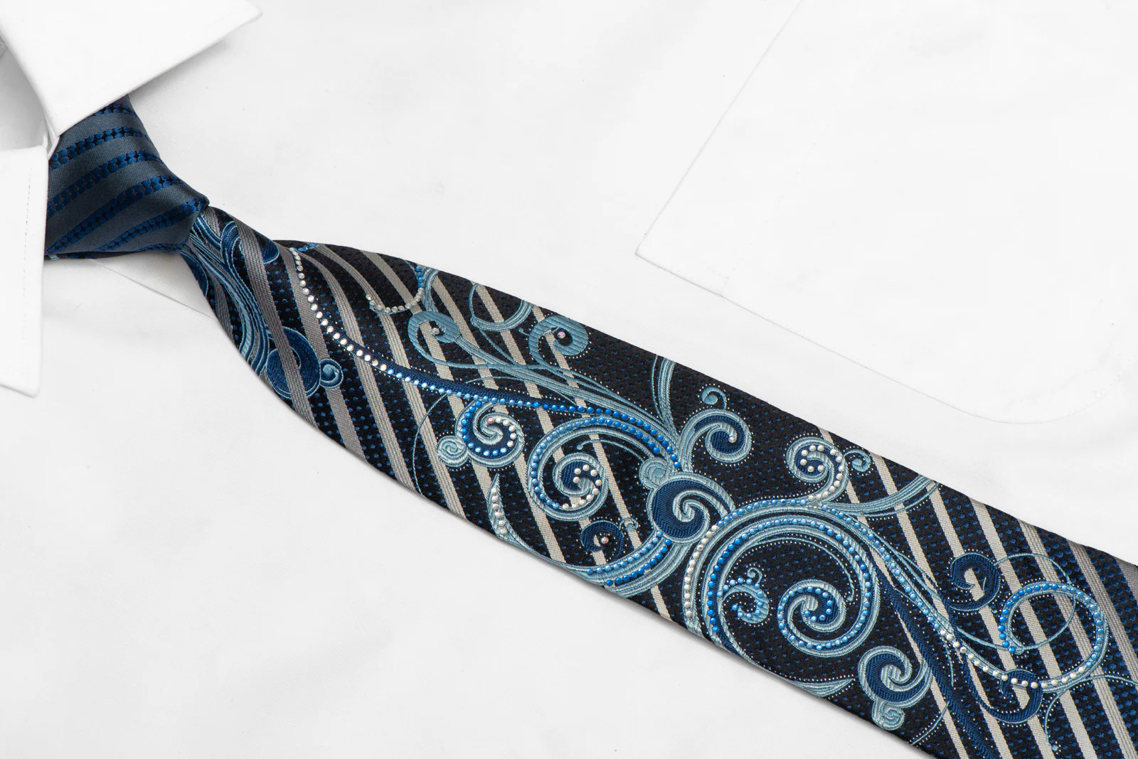 Silver Striped & Scrolls On Navy Rhinestone Silk Necktie With Sparkles - Image 2