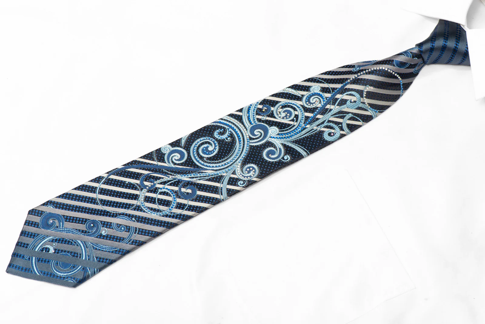 Silver Striped & Scrolls On Navy Rhinestone Silk Necktie With Sparkles - Image 3