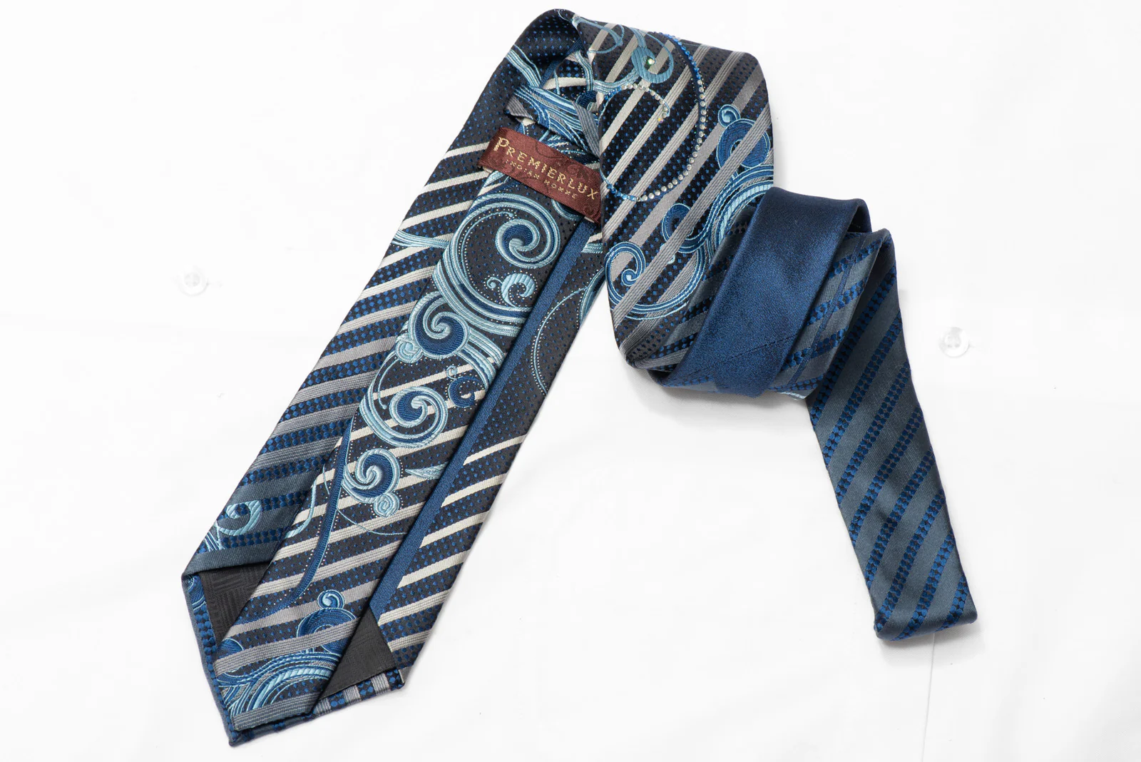 Silver Striped & Scrolls On Navy Rhinestone Silk Necktie With Sparkles - Image 4