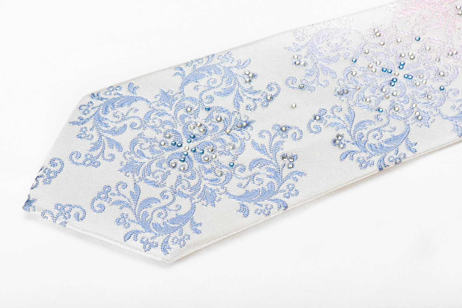 Premierlux Men's Crystal Rhinestone Tie Blue Pink Damask On White - Image 3