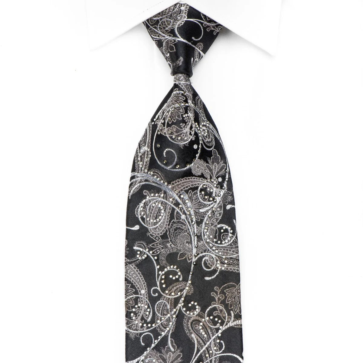Silver Scrolls & Acanthus On Black Men's Crystal Silk Necktie With Silver Sparkles