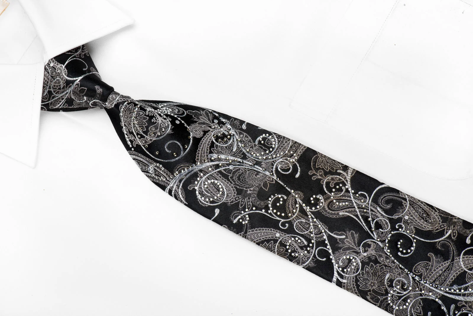 Silver Scrolls & Acanthus On Black Men's Crystal Silk Necktie With Silver Sparkles - Image 2