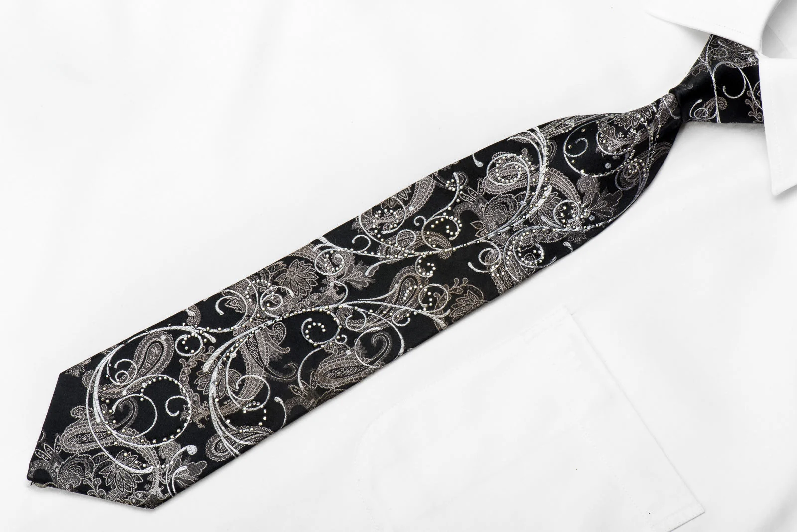 Silver Scrolls & Acanthus On Black Men's Crystal Silk Necktie With Silver Sparkles - Image 3