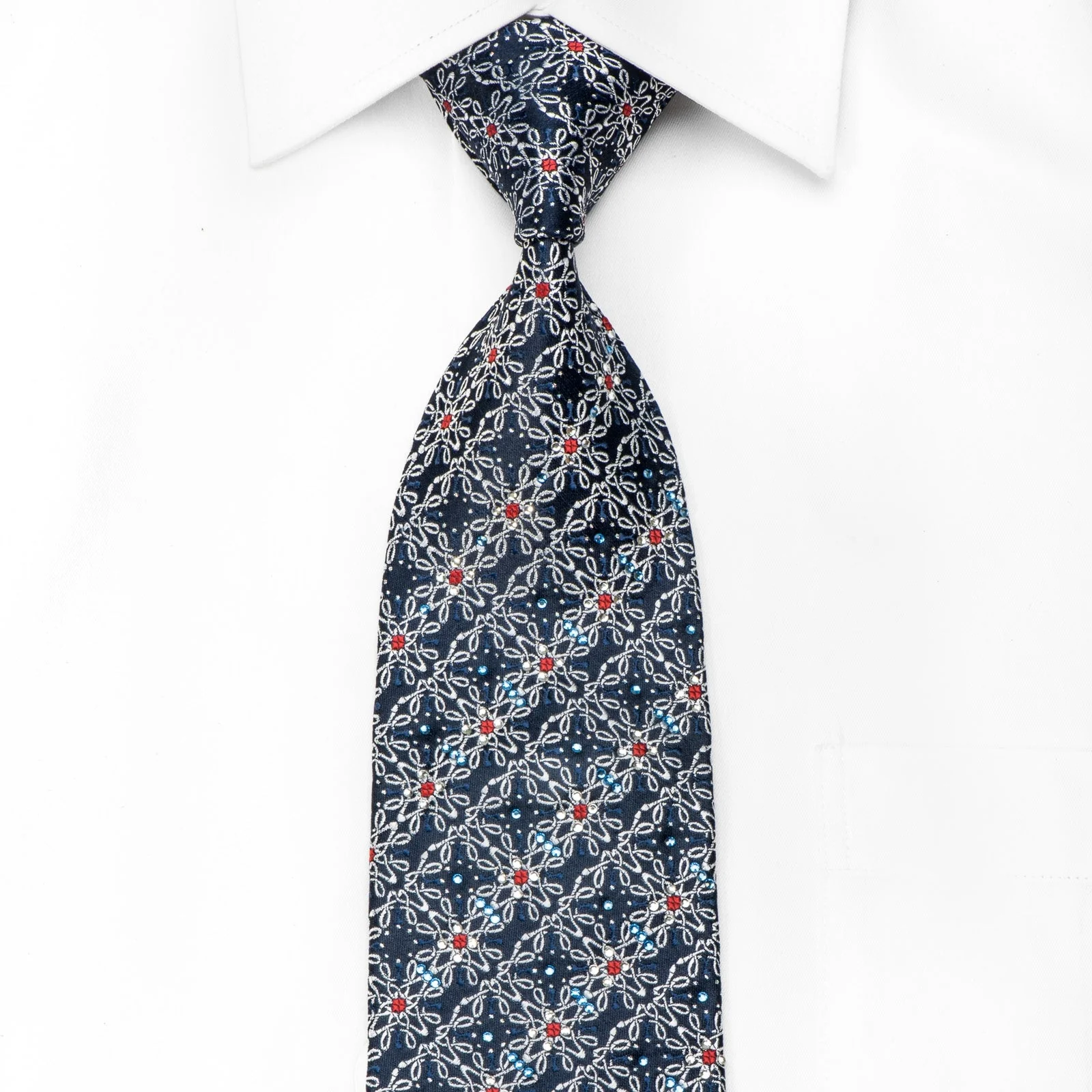 Premierlux Men's Crystal Silk Tie Silver Trellis On Blue With Silver Sparkles