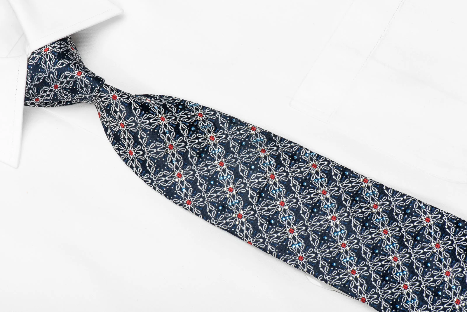 Premierlux Men's Crystal Silk Tie Silver Trellis On Blue With Silver Sparkles - Image 2