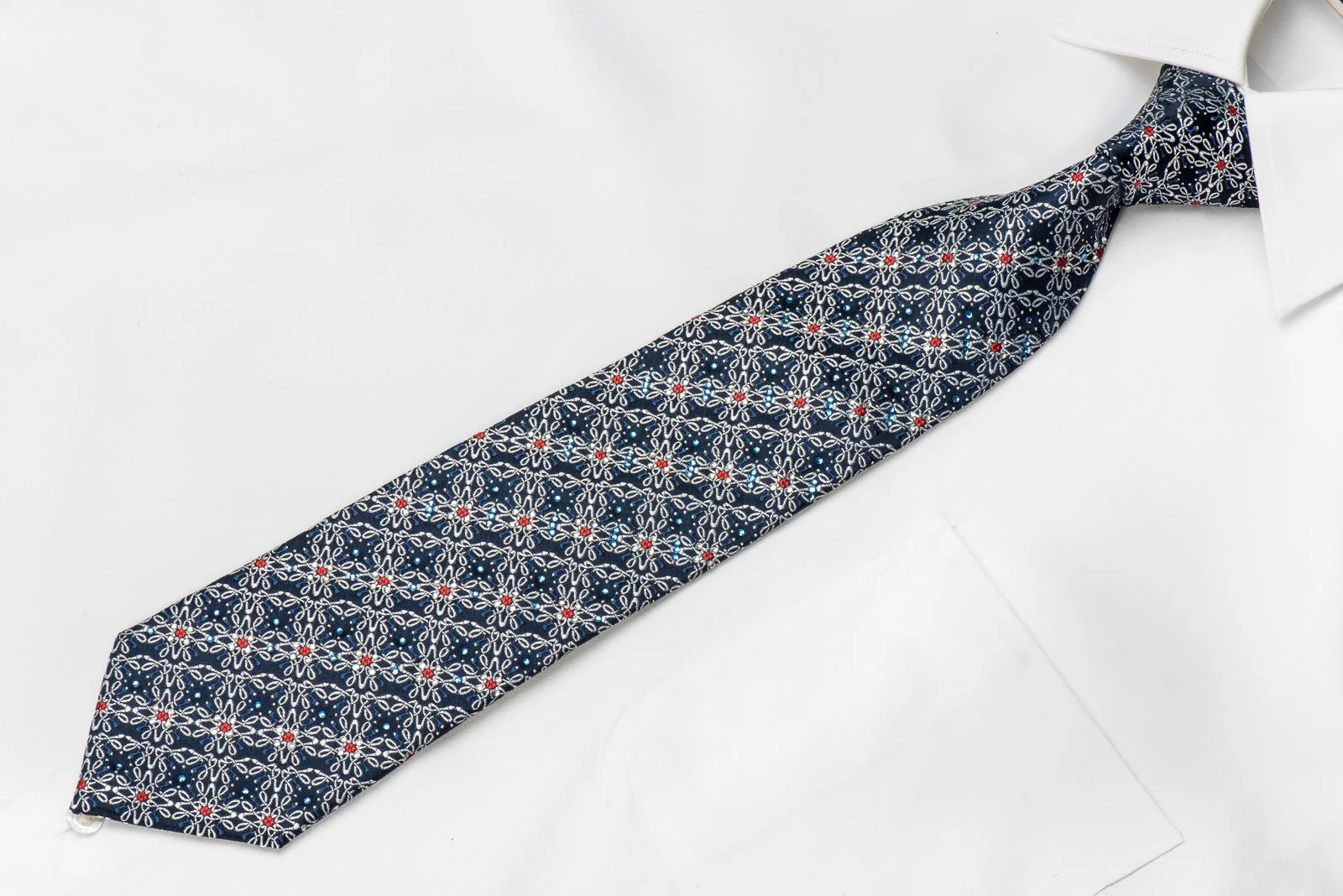 Premierlux Men's Crystal Silk Tie Silver Trellis On Blue With Silver Sparkles - Image 3