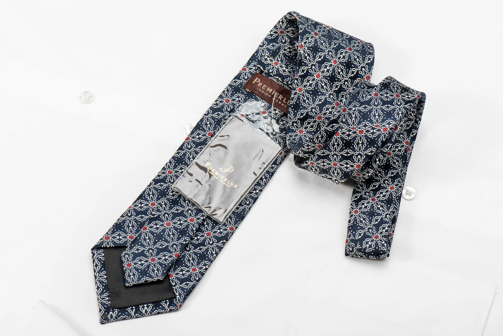 Premierlux Men's Crystal Silk Tie Silver Trellis On Blue With Silver Sparkles - Image 4