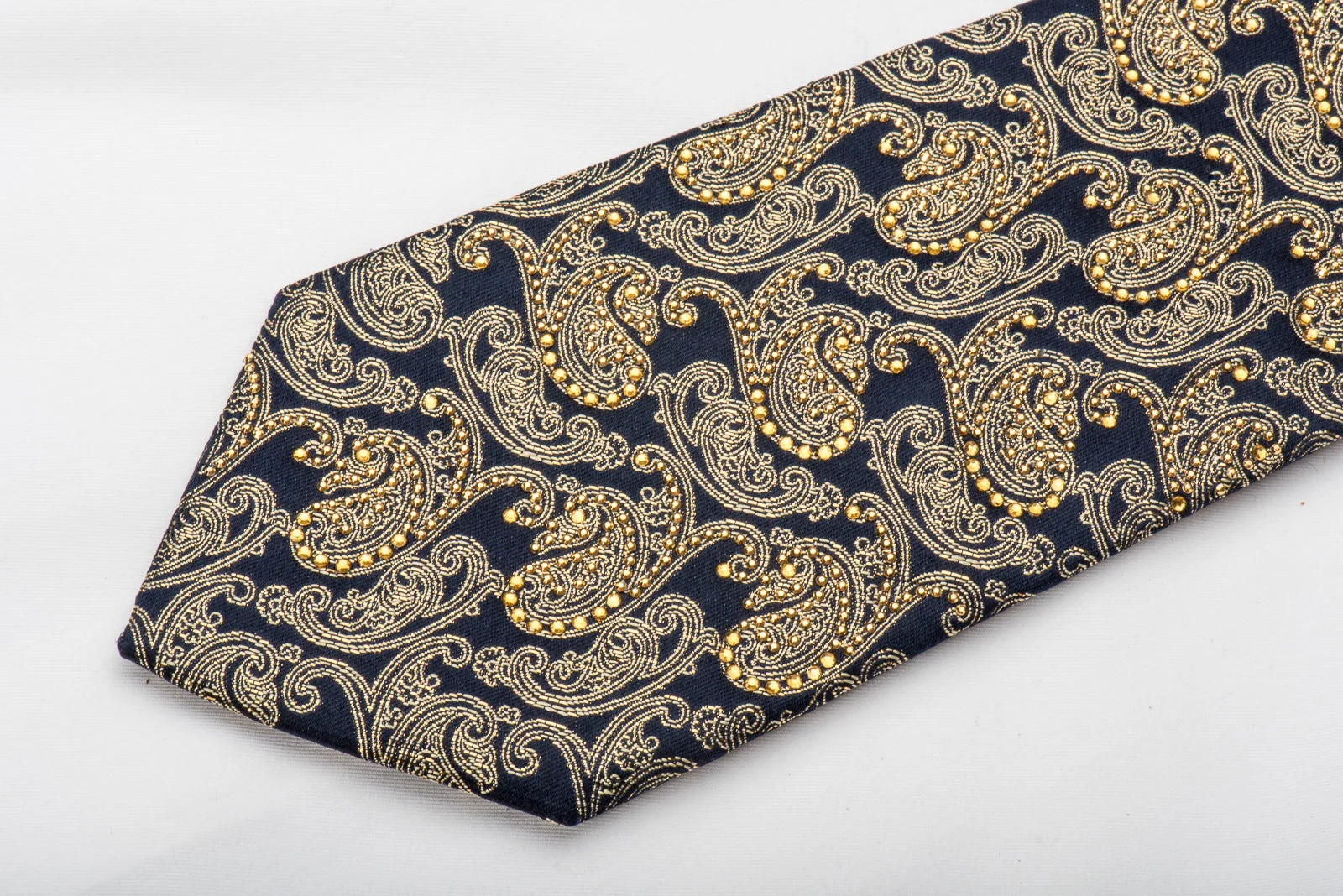 Premierlux Men's Rhinestone Silk Necktie Gold Paisley On Navy With Golden Sparkles - Image 3