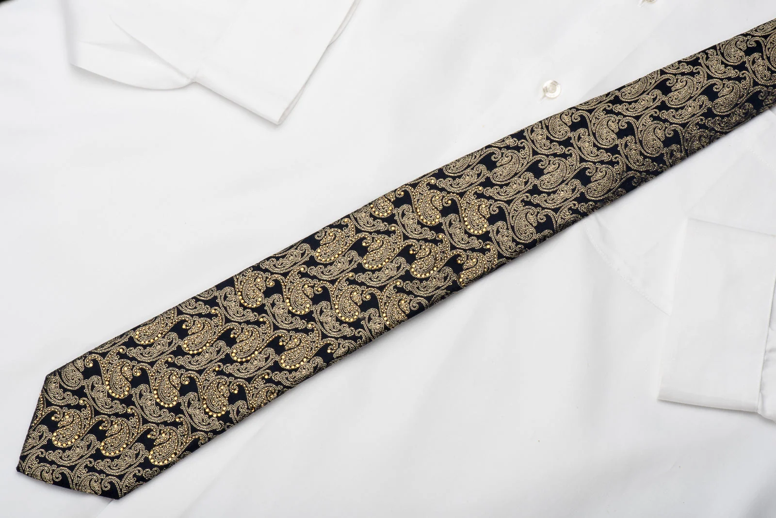 Premierlux Men's Rhinestone Silk Necktie Gold Paisley On Navy With Golden Sparkles - Image 6