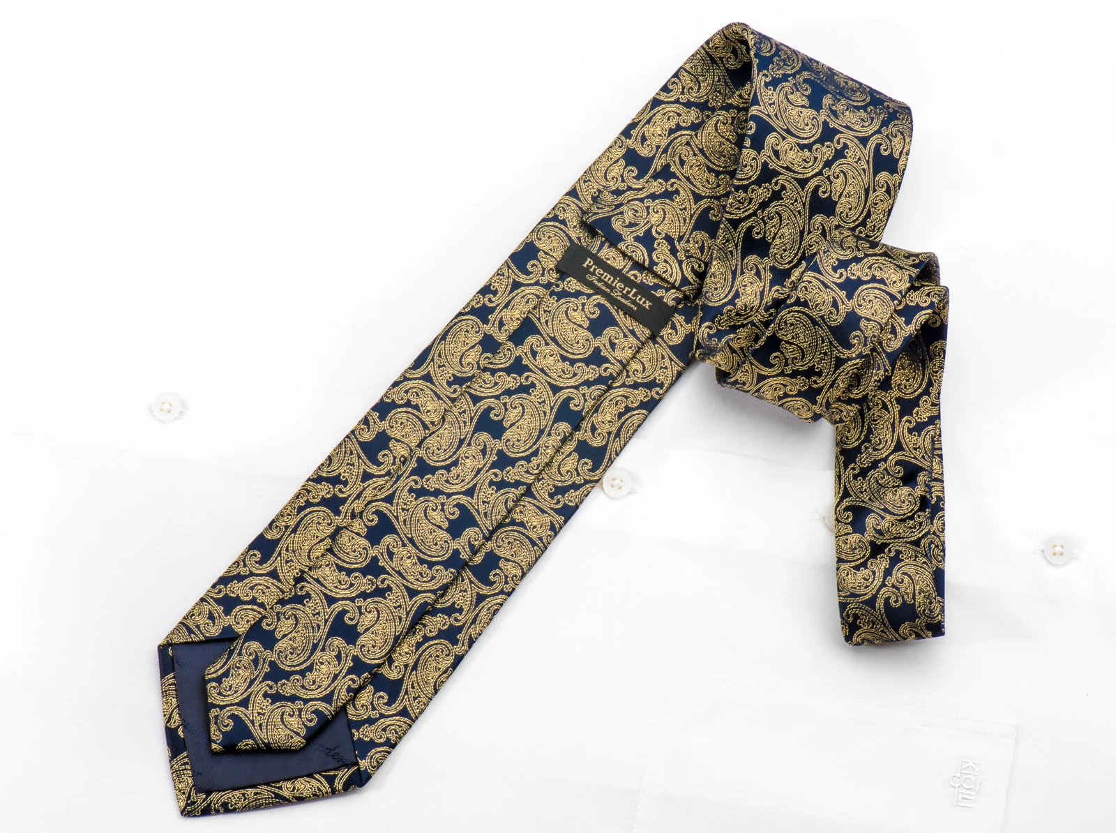 Men's Rhinestone Silk Necktie Golden Paisley On Navy Blue With Sparkles - Image 4