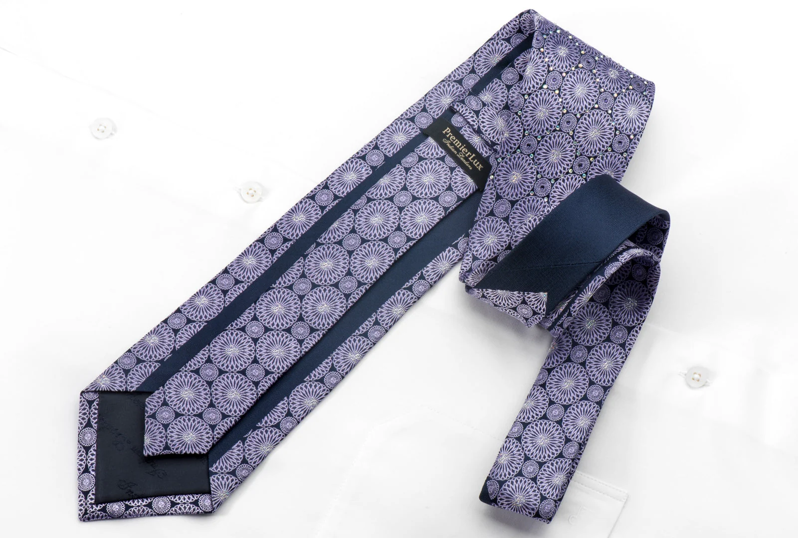 Silver Mauve Medallions On Navy Men's Rhinestone Silk Necktie With Silver Sparkles - Image 5