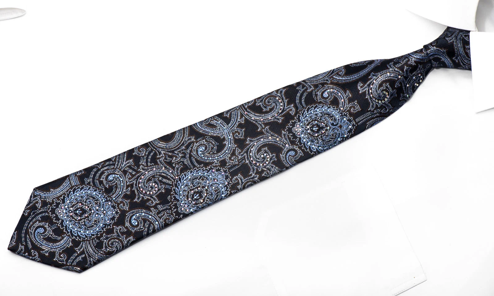 Premierlux Men's Silk Necktie Acanthus On Navy Sparkling With Rhinestones - Image 5