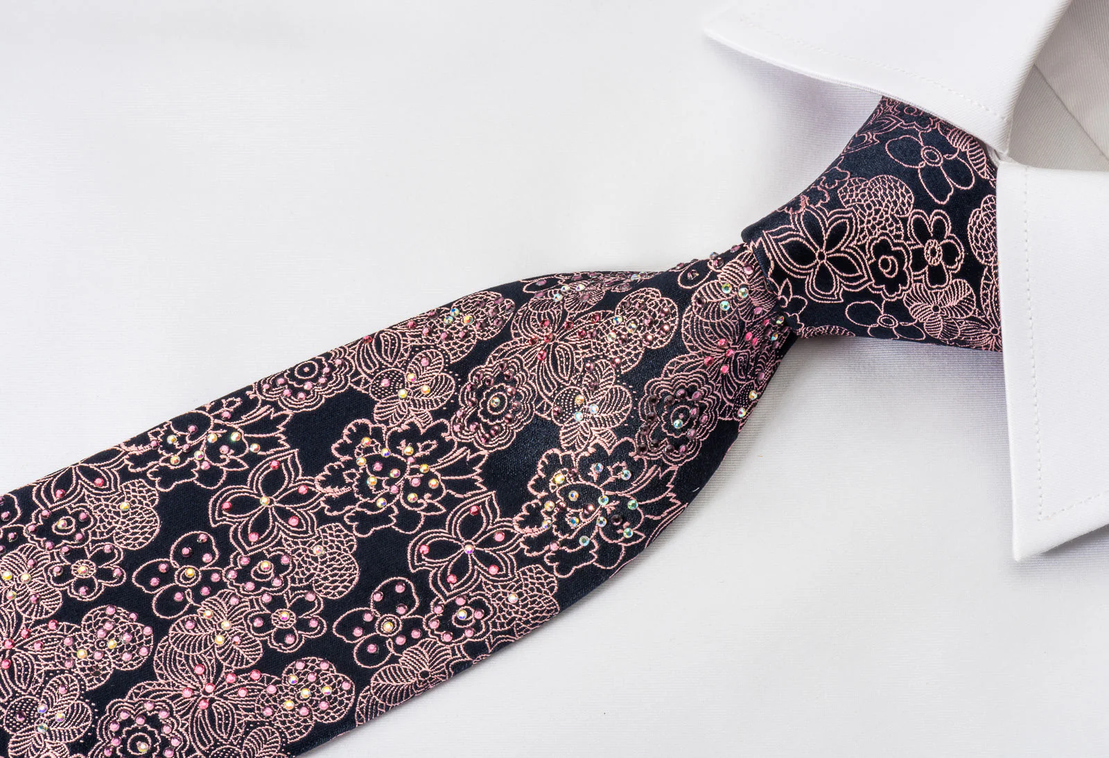 Rhinestone Necktie Purple Floral On Navy Woven Silk - Image 3