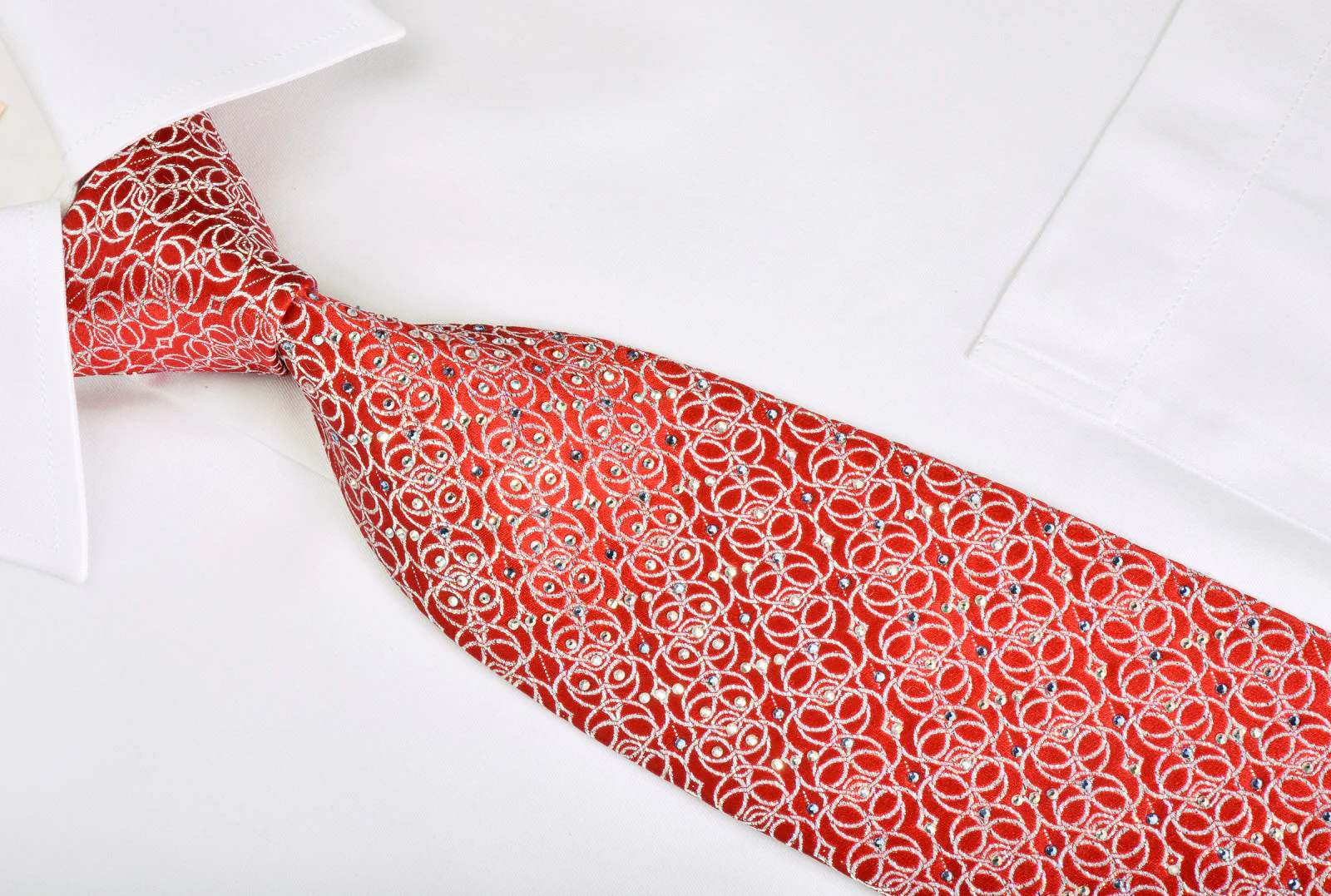 Interlocking Silver Circles On Red Rhinestone Tie With Silver Sparkles - Image 4