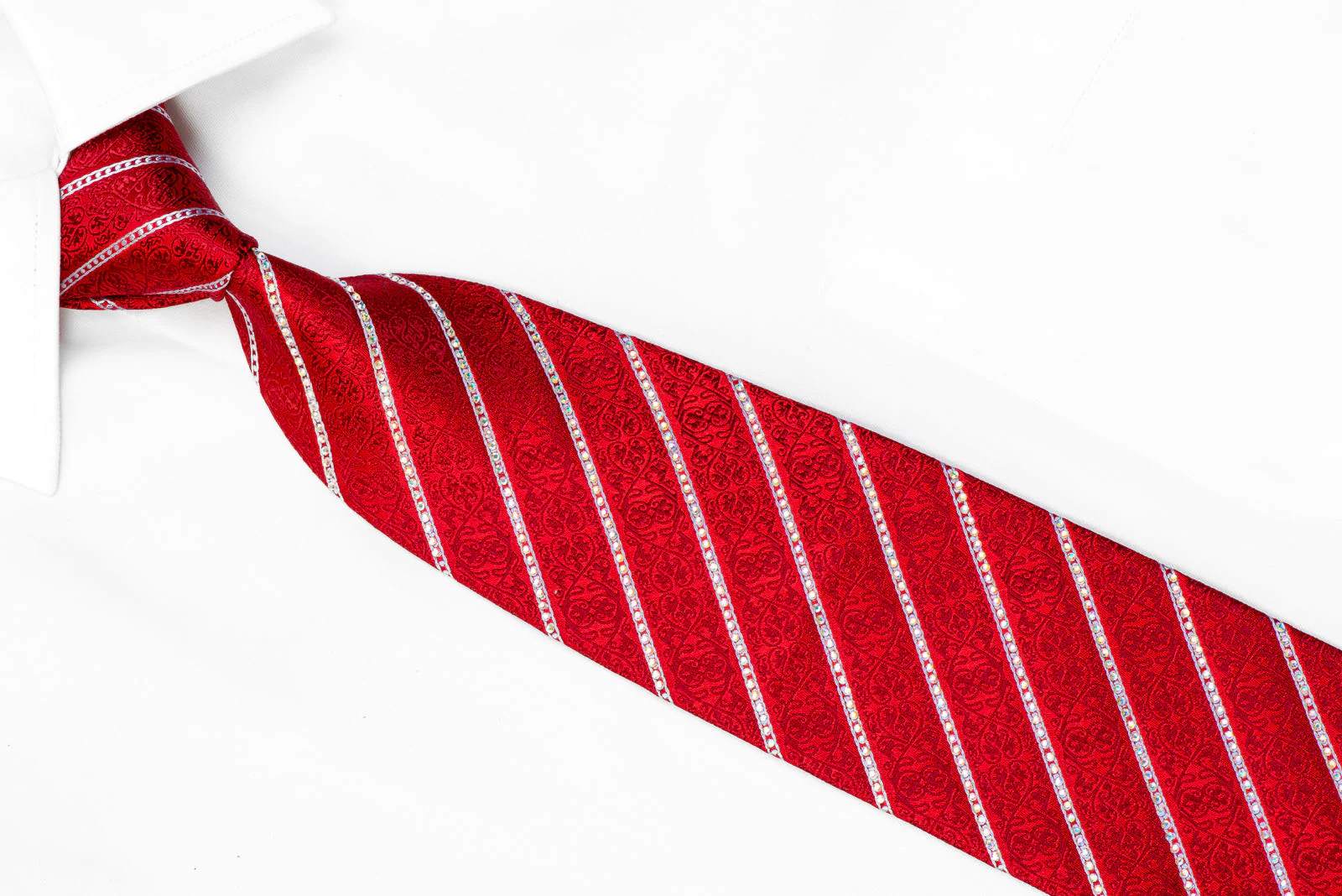 Premierlux Rhinestone Necktie Silver Striped On Red Silk - Image 2