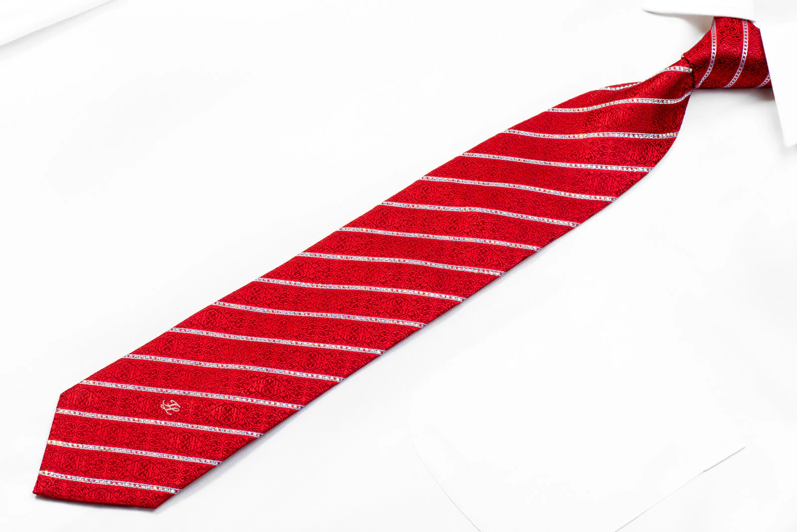 Premierlux Rhinestone Necktie Silver Striped On Red Silk - Image 3