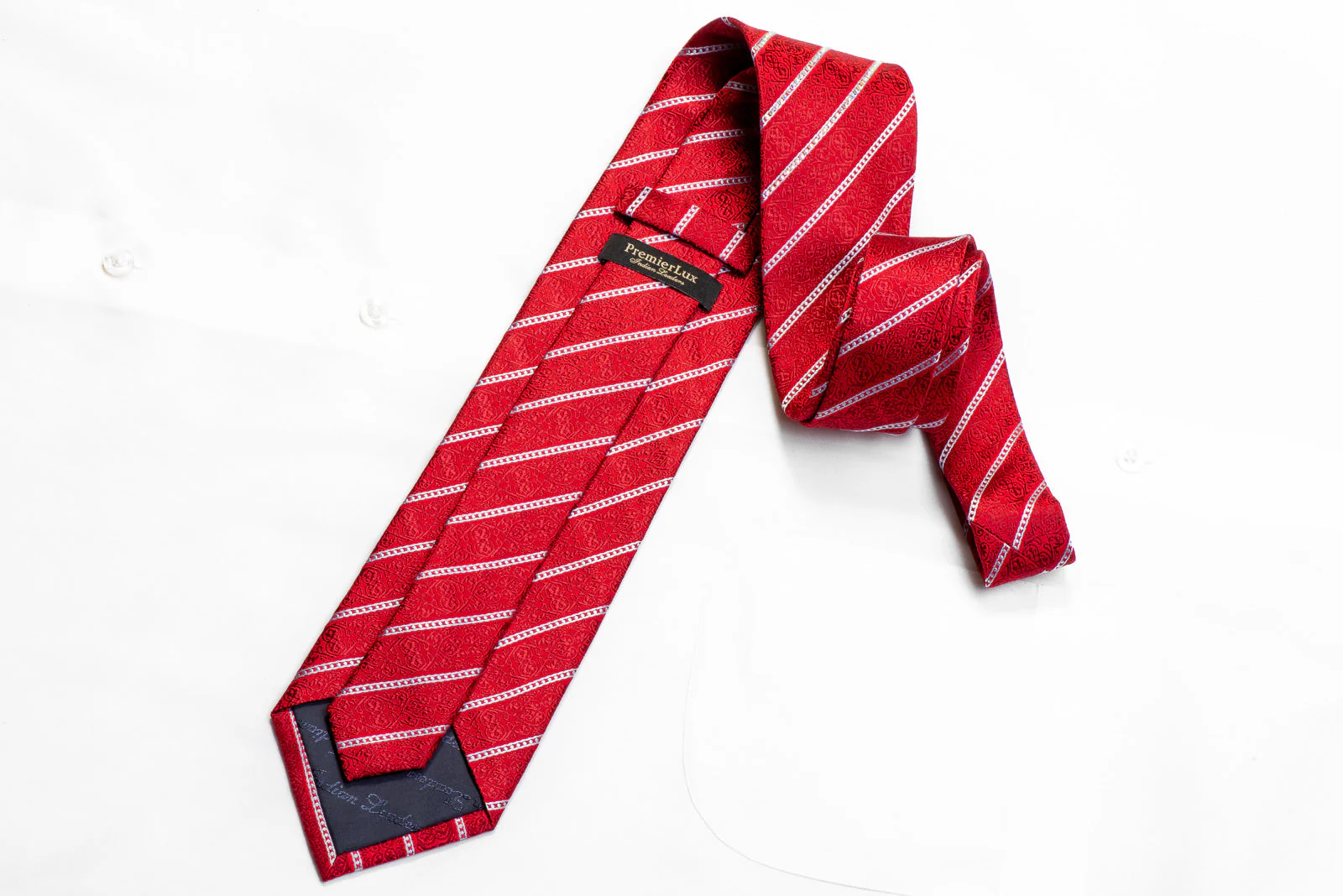 Premierlux Rhinestone Necktie Silver Striped On Red Silk - Image 4