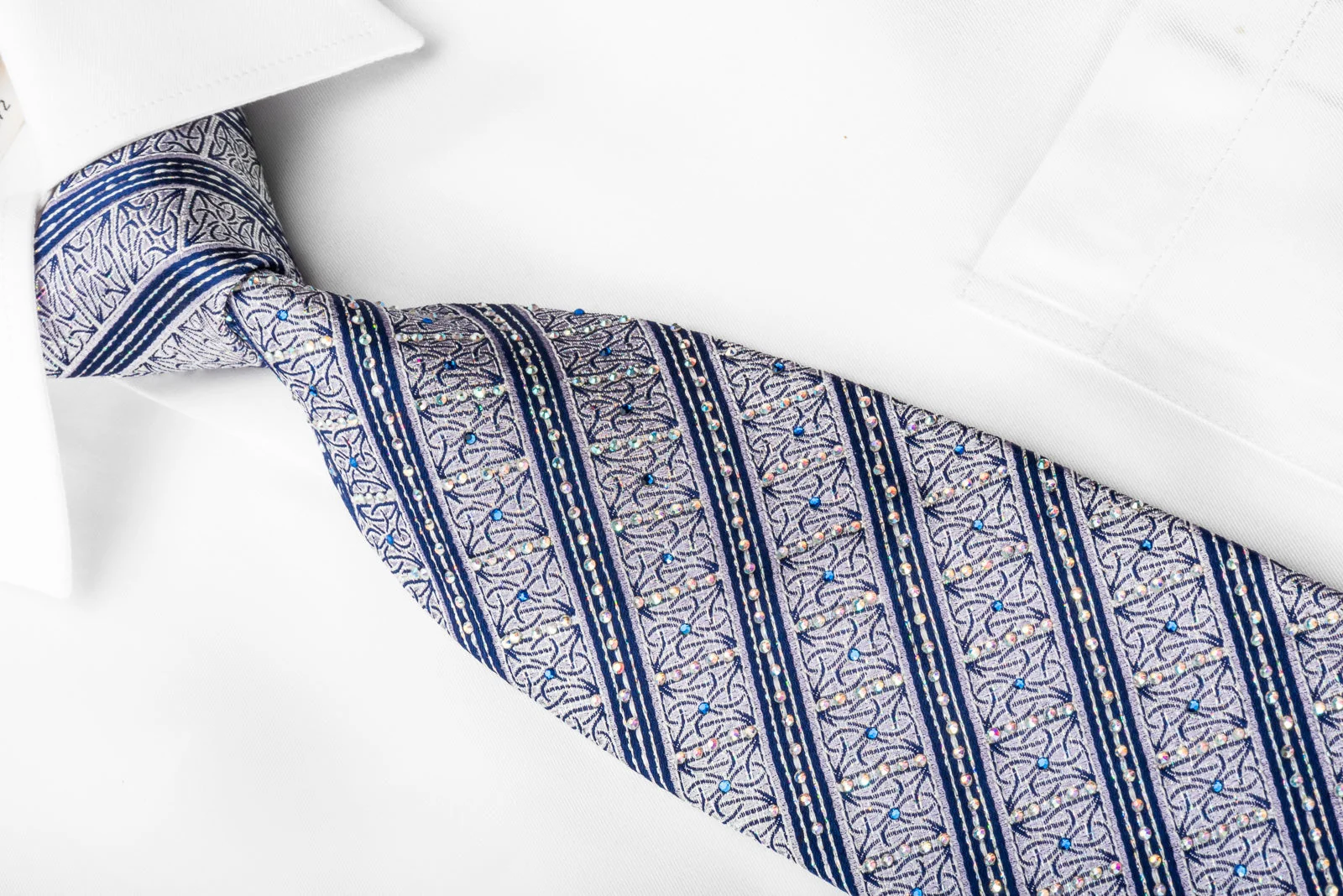 Blue Stripes On Silver With Silver Sparkles Rhinestone Silk Necktie - Image 3