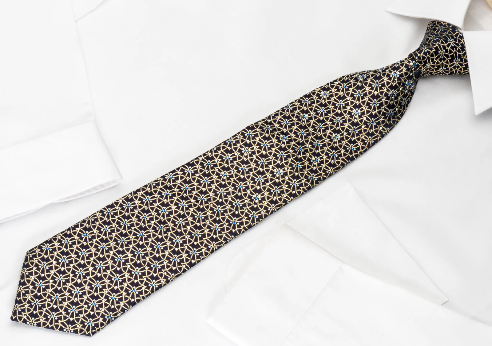 Golden Trellis On Navy Rhinestone Silk Necktie With Golden Sparkles - Image 4
