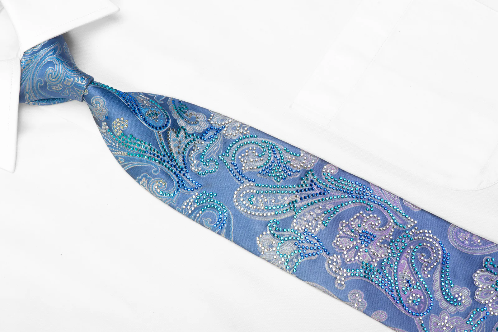 Premierlux Rhinestone Silk Necktie Paisley On Blue - Image 2