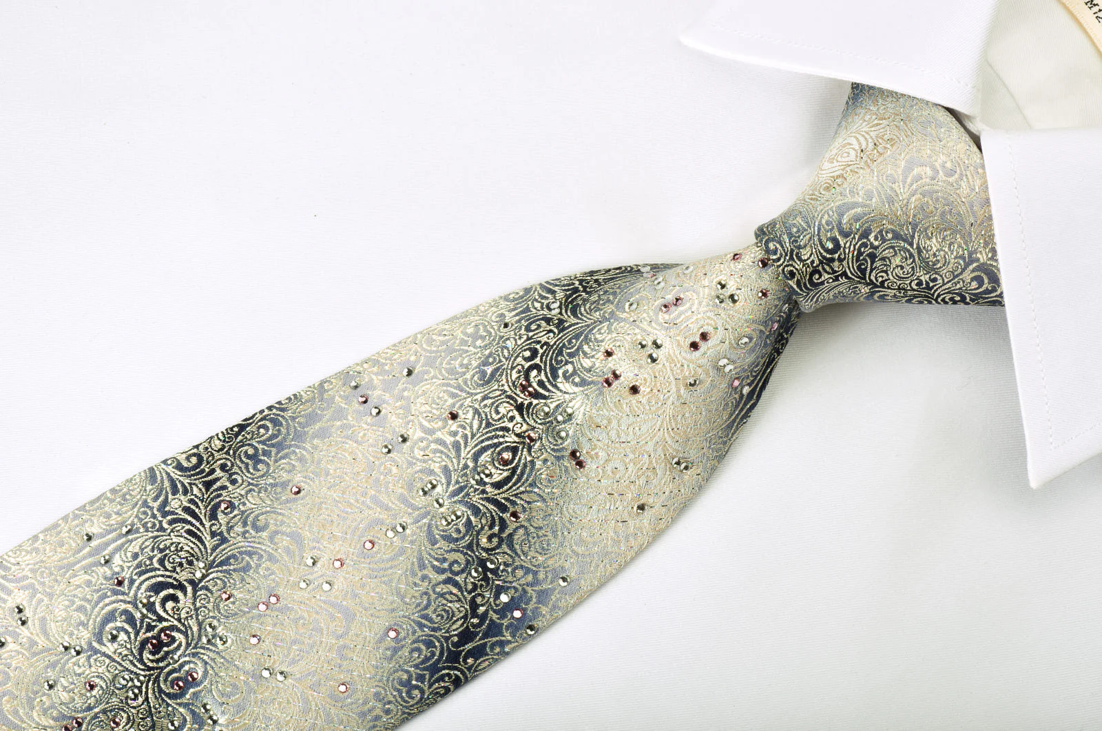 Premierlux Rhinestone Silk Necktie Silver Damask On Graduating Silver With Sparkles - Image 2