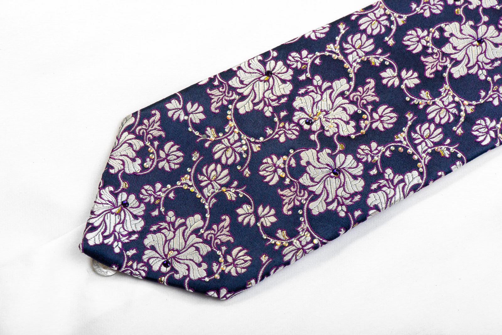 Premierlux Rhinestone Silk Necktie Silver Floral On Blue With Sparkles - Image 3
