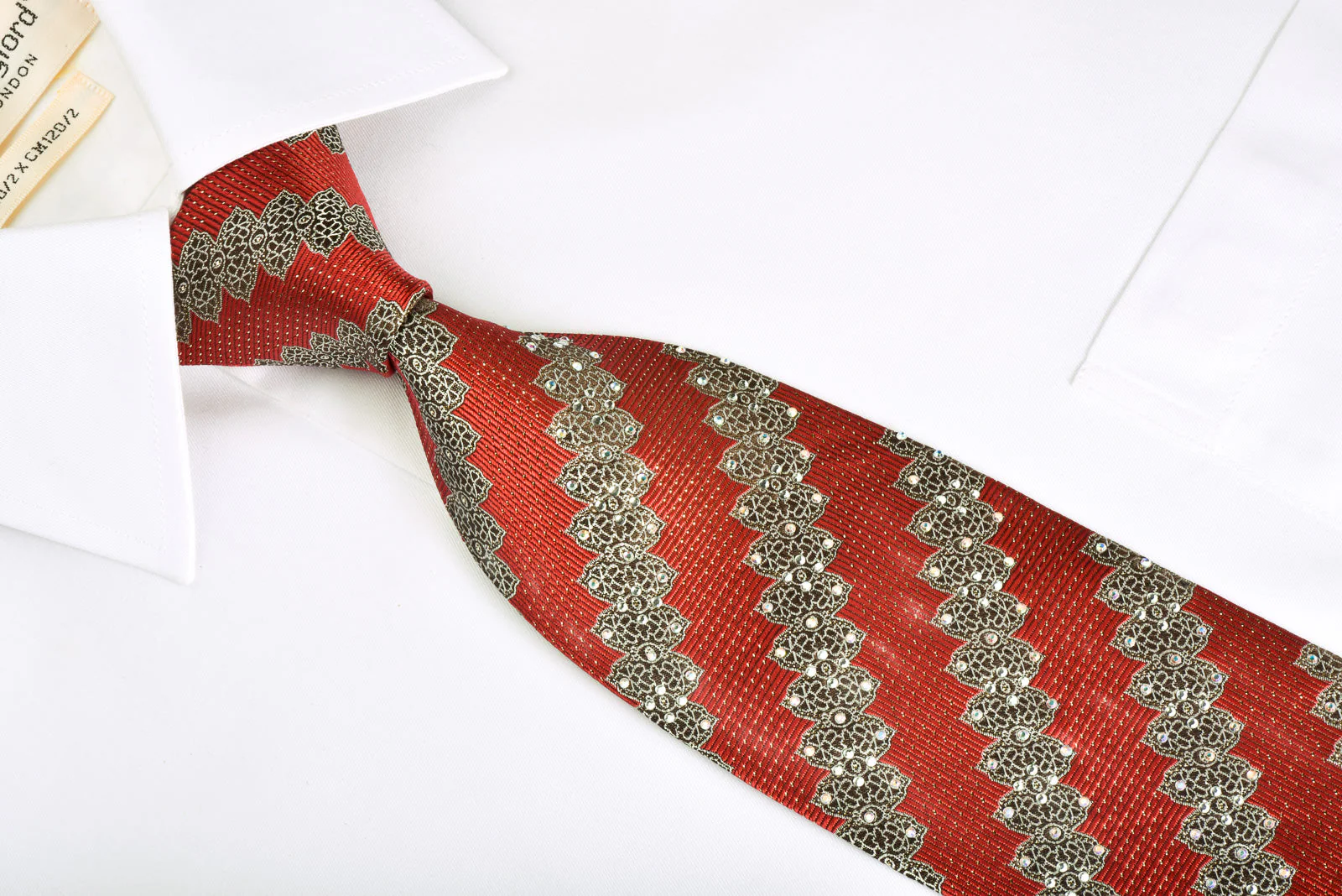 Premierlux Rhinestone Silk Necktie Silver Stripes On Burgundy With Gold Sparkles - Image 4