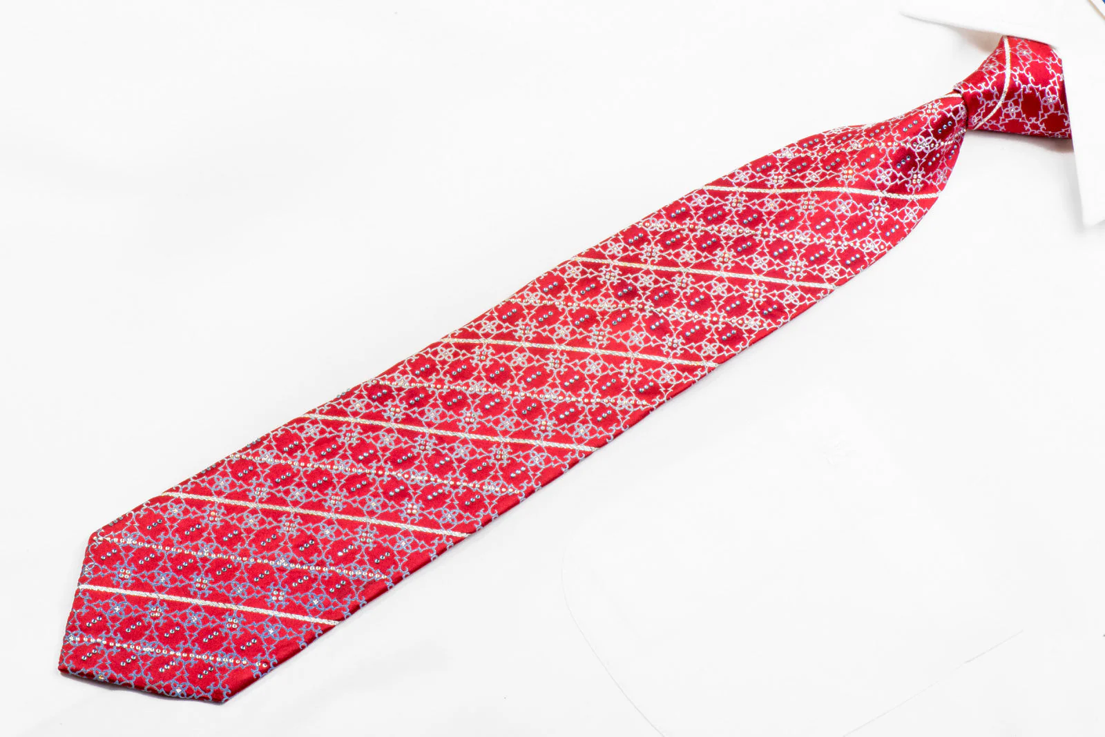 Silver Striped Cartouche On Red Rhinestone Silk Tie With Sparkles - Image 3