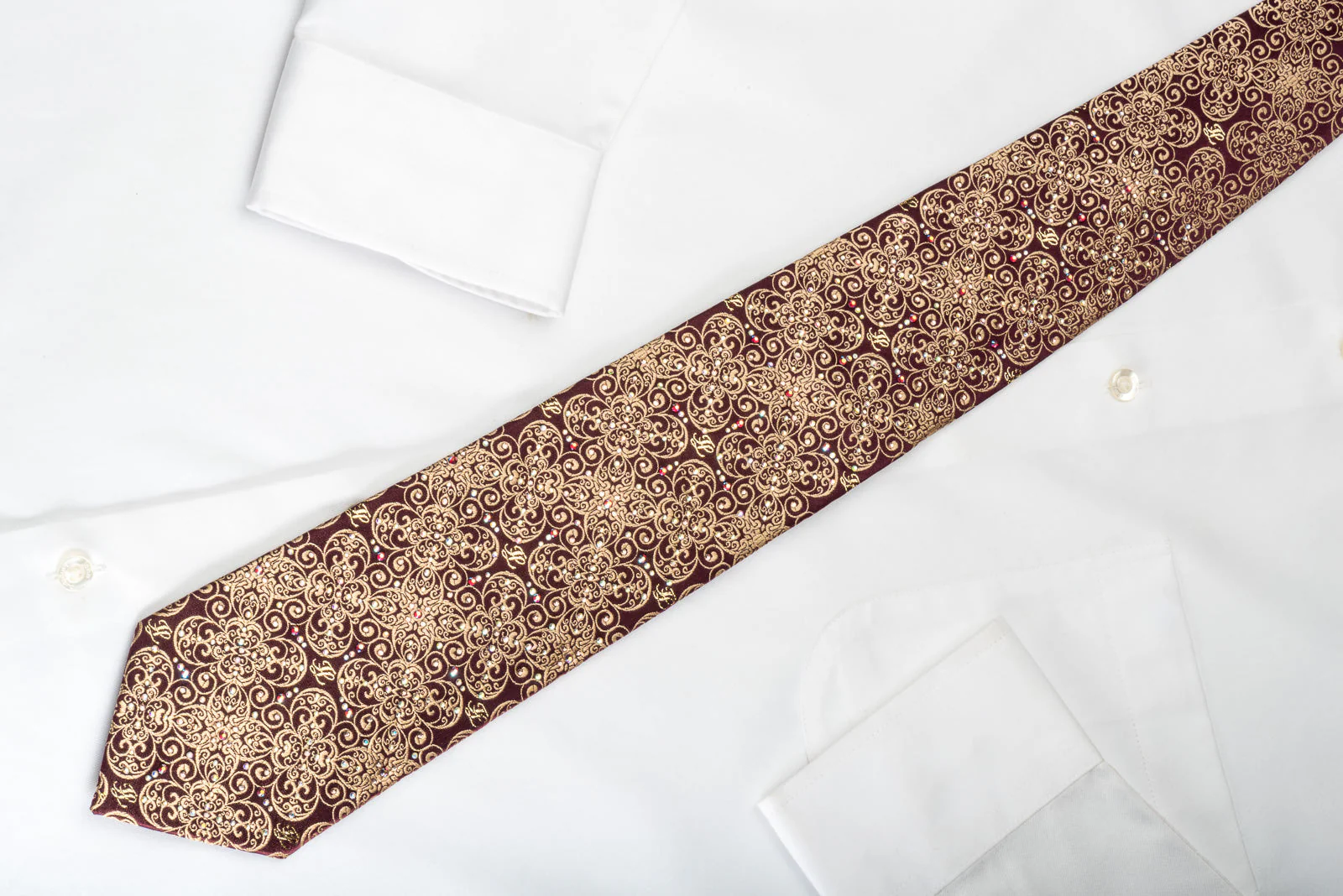 Premierlux Silk Necktie Golden Filigree On Dark Brown Sparkling With Rhinestones - Image 3