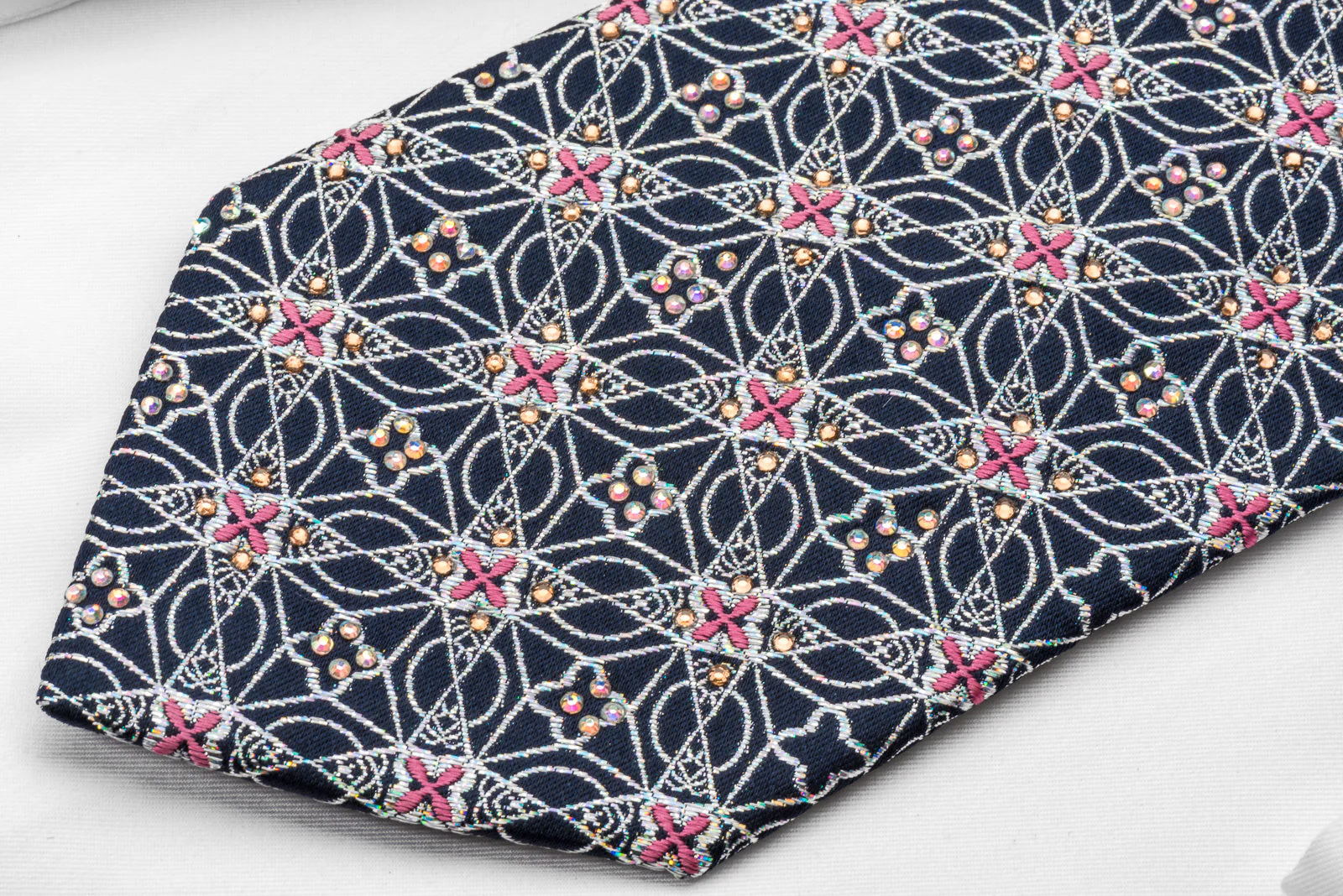 Premierlux Silk Rhinestone Bling Necktie Sparkling Silver Trellis On Dark Blue - Image 3