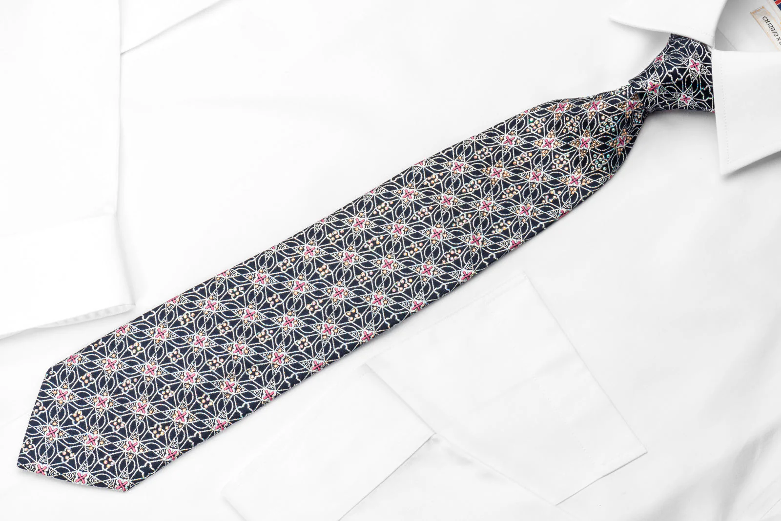Premierlux Silk Rhinestone Bling Necktie Sparkling Silver Trellis On Dark Blue - Image 4
