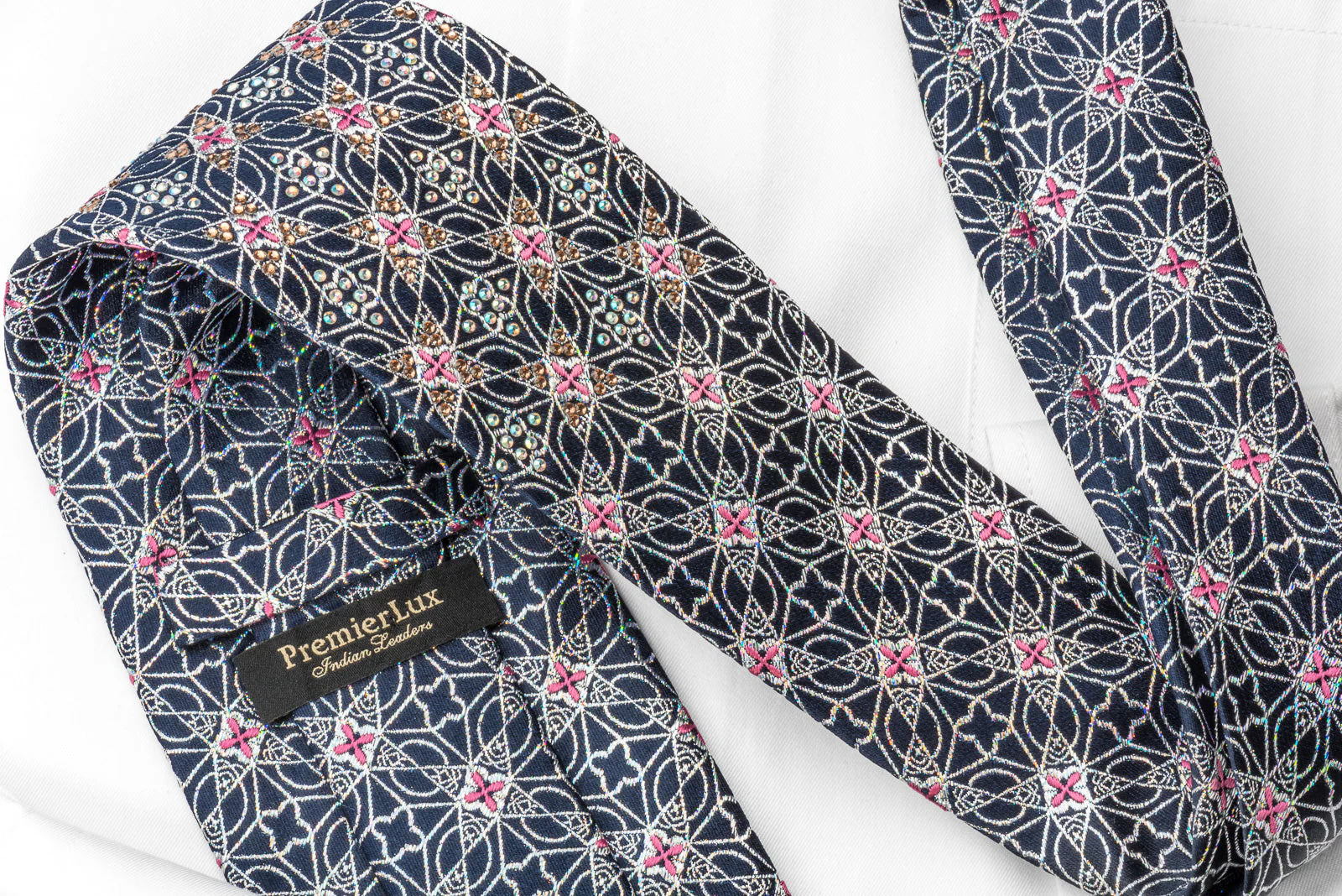 Premierlux Silk Rhinestone Bling Necktie Sparkling Silver Trellis On Dark Blue - Image 5