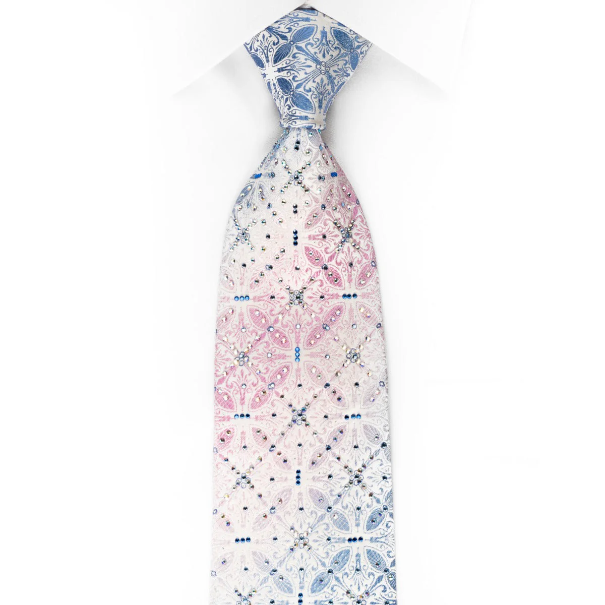 Silk Rhinestone Tie Blue Pink Anthemion On White With Sparkles