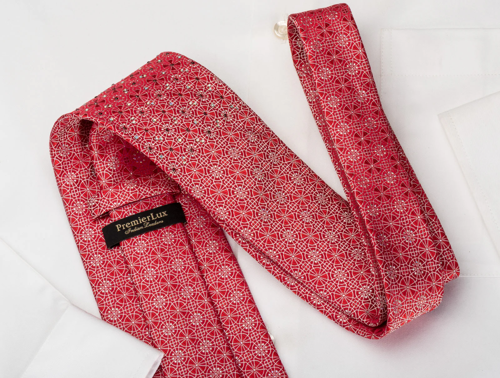 Silk Rhinestone Tie Silver Arabesque On Red With Sparkles - Image 3