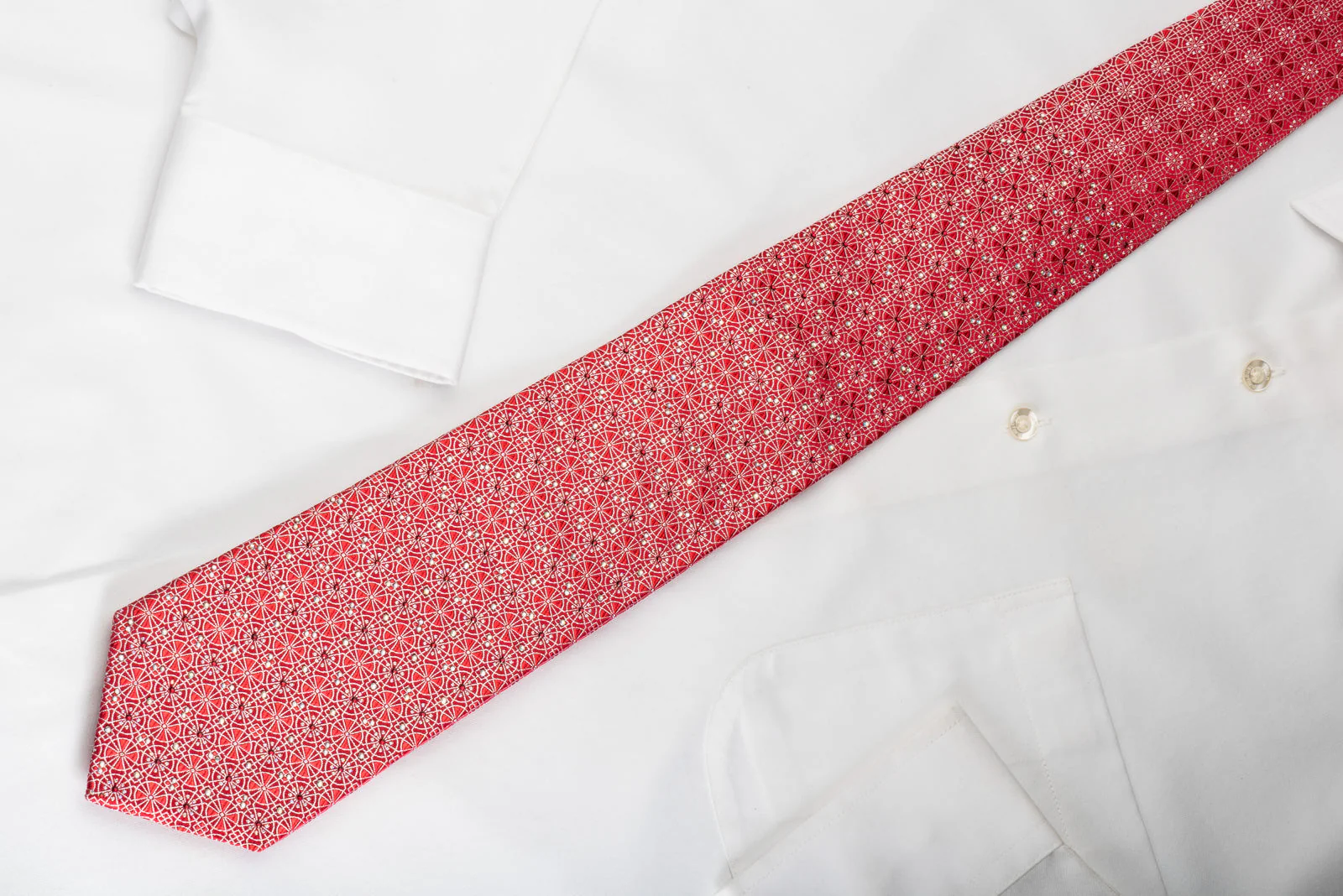 Silk Rhinestone Tie Silver Arabesque On Red With Sparkles - Image 4