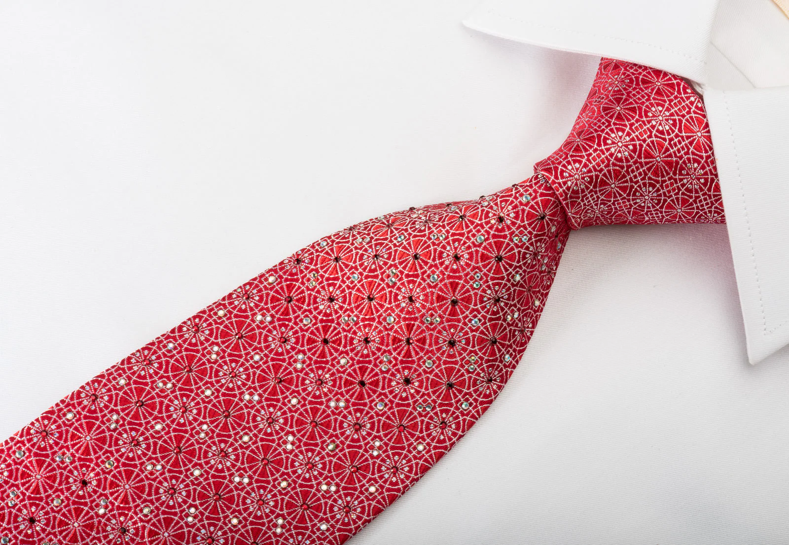 Silk Rhinestone Tie Silver Arabesque On Red With Sparkles - Image 5