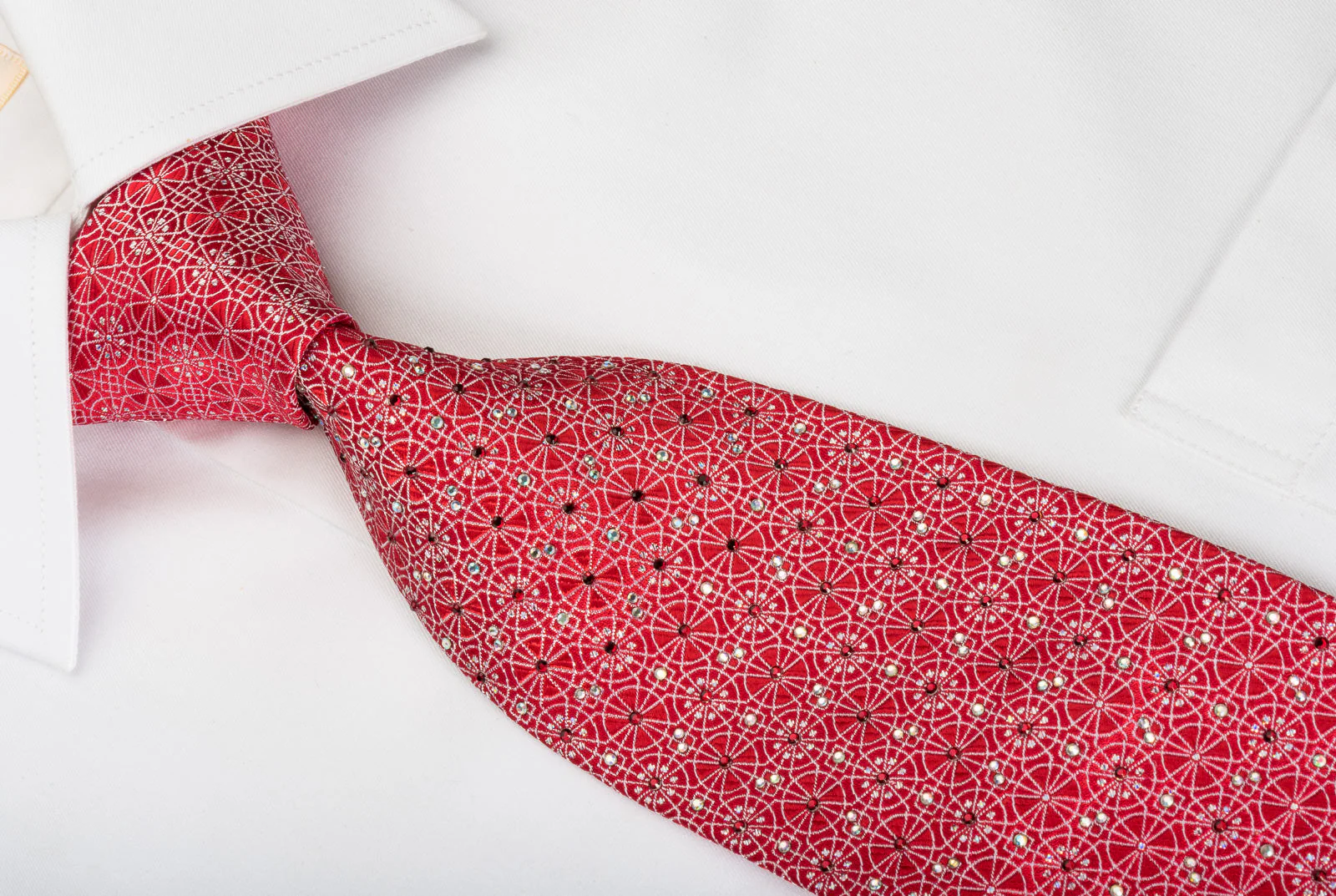 Silk Rhinestone Tie Silver Arabesque On Red With Sparkles - Image 6