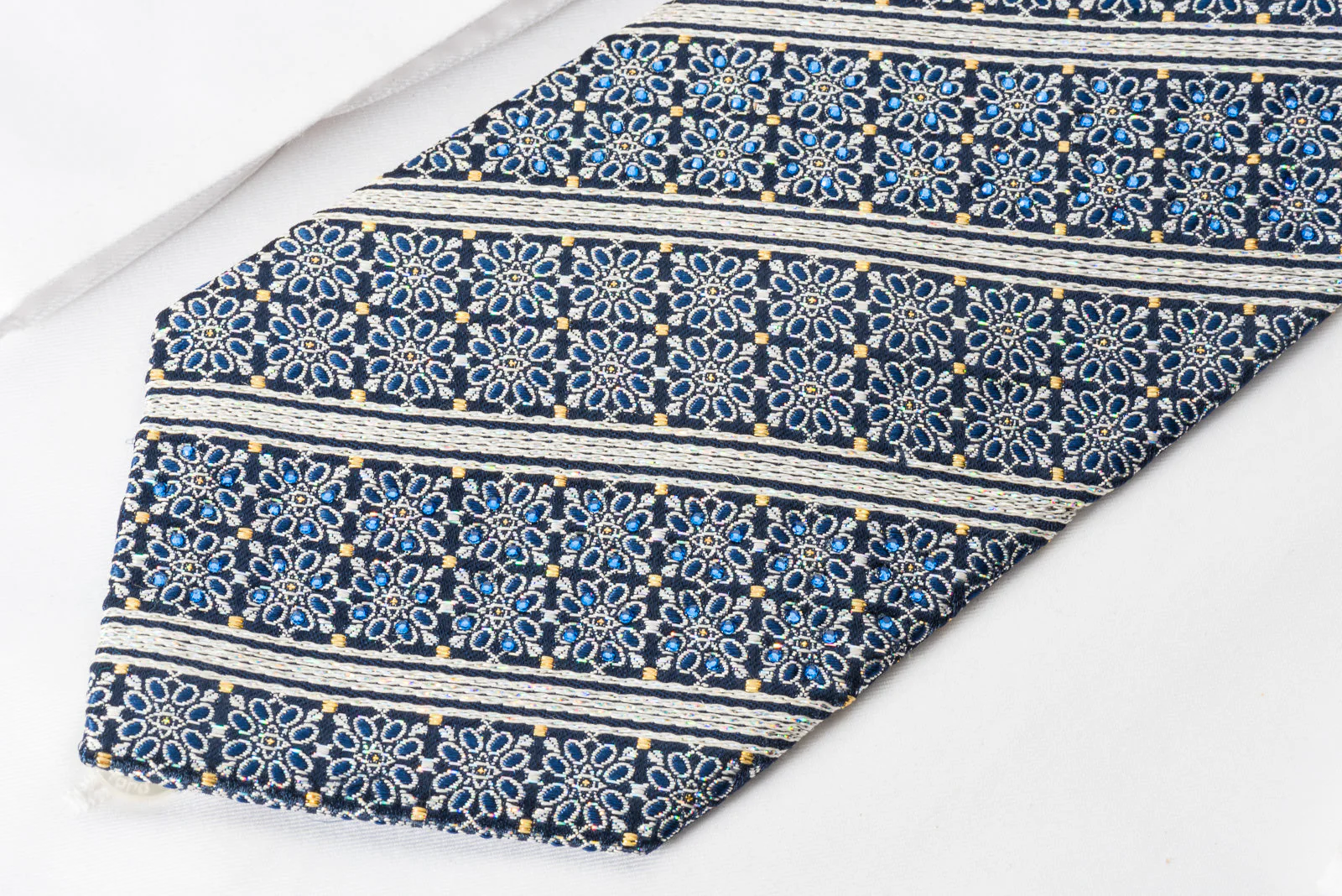 Premierlux Silk Rhinestone Tie Silver Stripes & Floral On Navy Blue With Silver Sparkles - Image 3