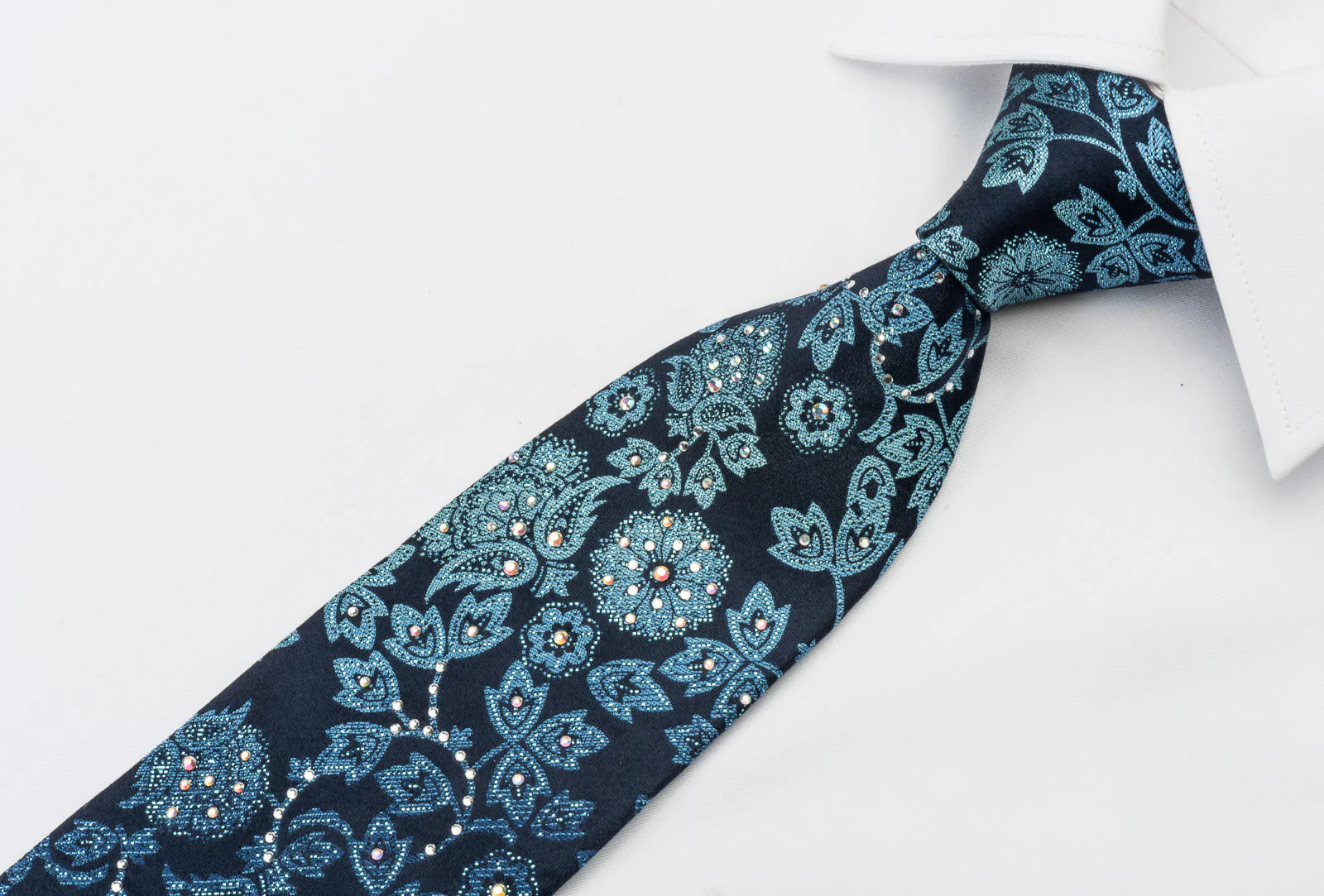 Premierlux Silk Rhinestone Tie Sparkling Floral On Blue - Image 3