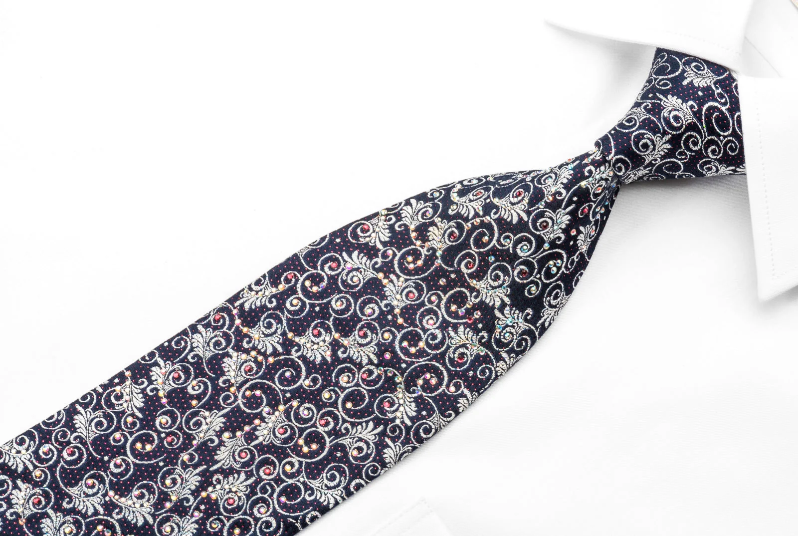 Silver Anthemion Scrolls On Navy Blue Rhinestone Silk Necktie With Sparkles - Image 2