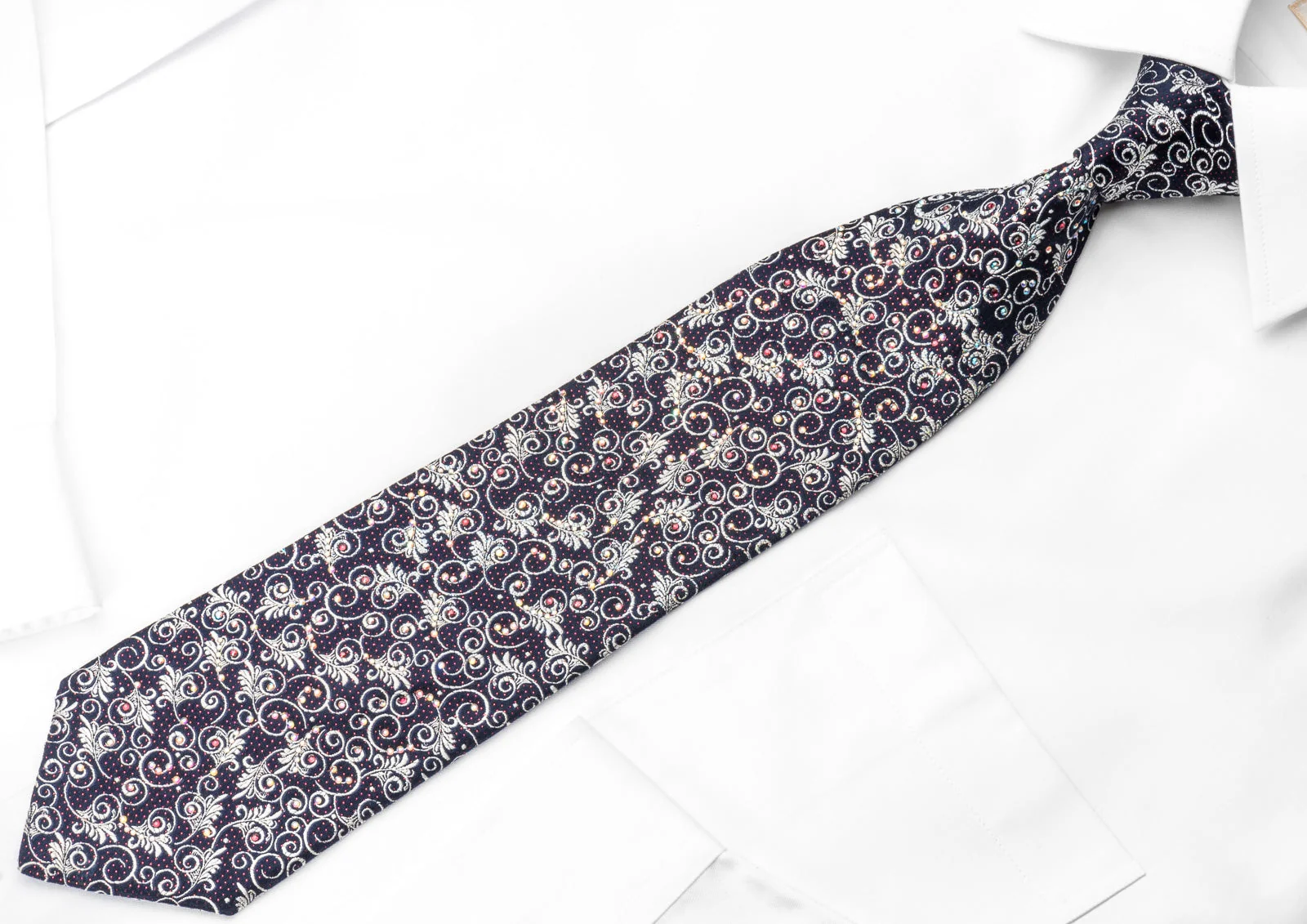Silver Anthemion Scrolls On Navy Blue Rhinestone Silk Necktie With Sparkles - Image 4