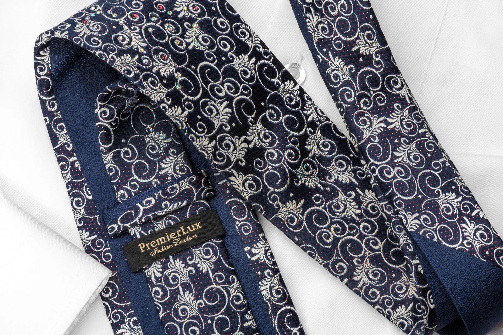 Silver Anthemion Scrolls On Navy Blue Rhinestone Silk Necktie With Sparkles - Image 5