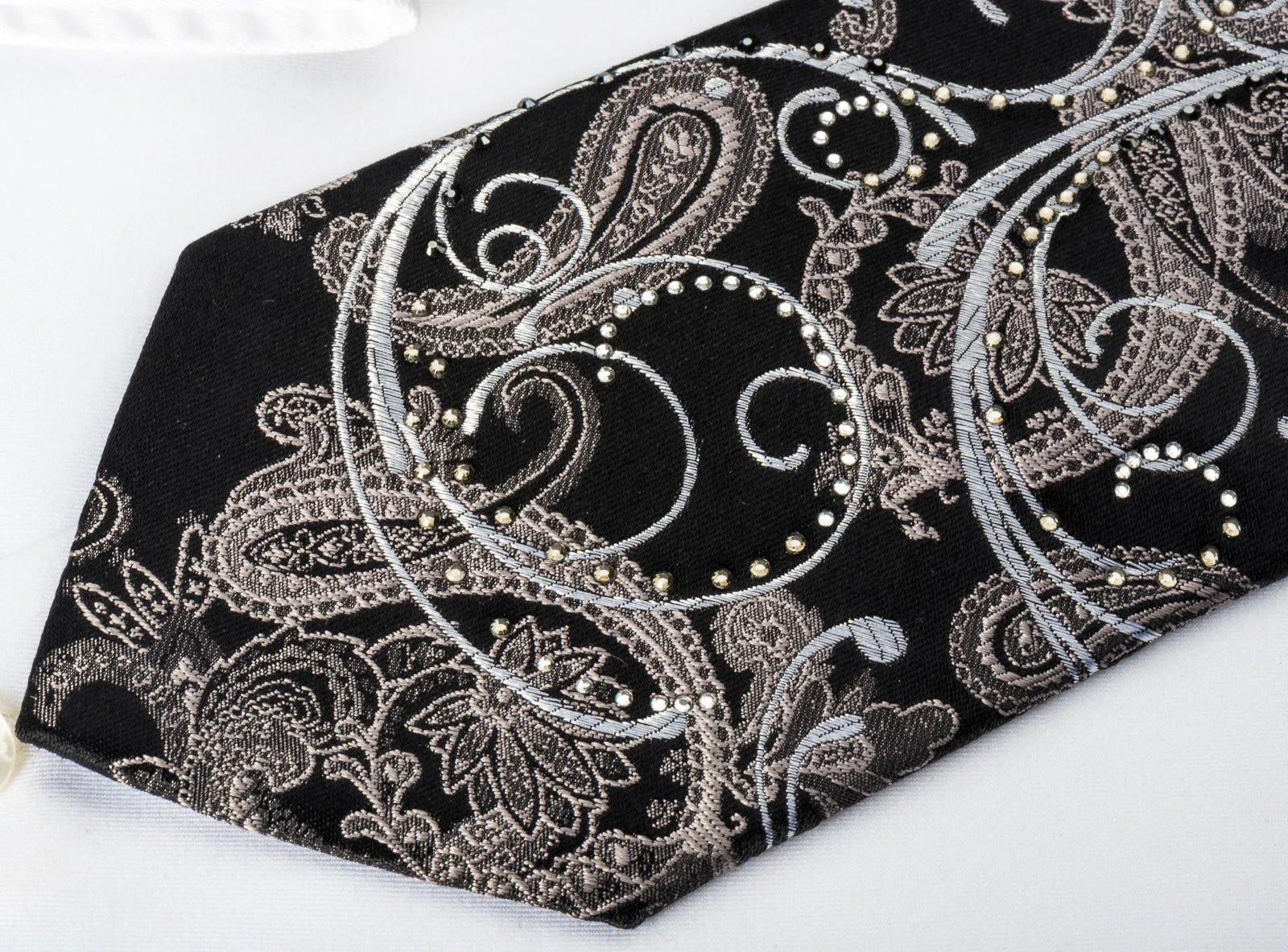 Premierlux Silk Tie Silver Paisley & Scrolls On Black Sparkling With Crystal Rhinestones - Image 3