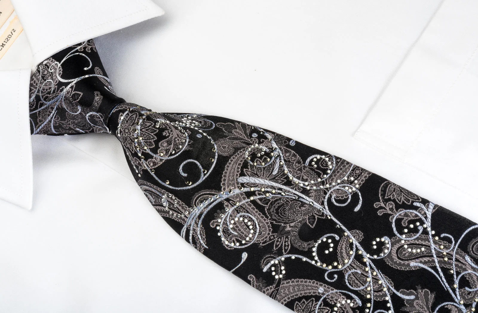 Premierlux Silk Tie Silver Paisley & Scrolls On Black Sparkling With Crystal Rhinestones - Image 7