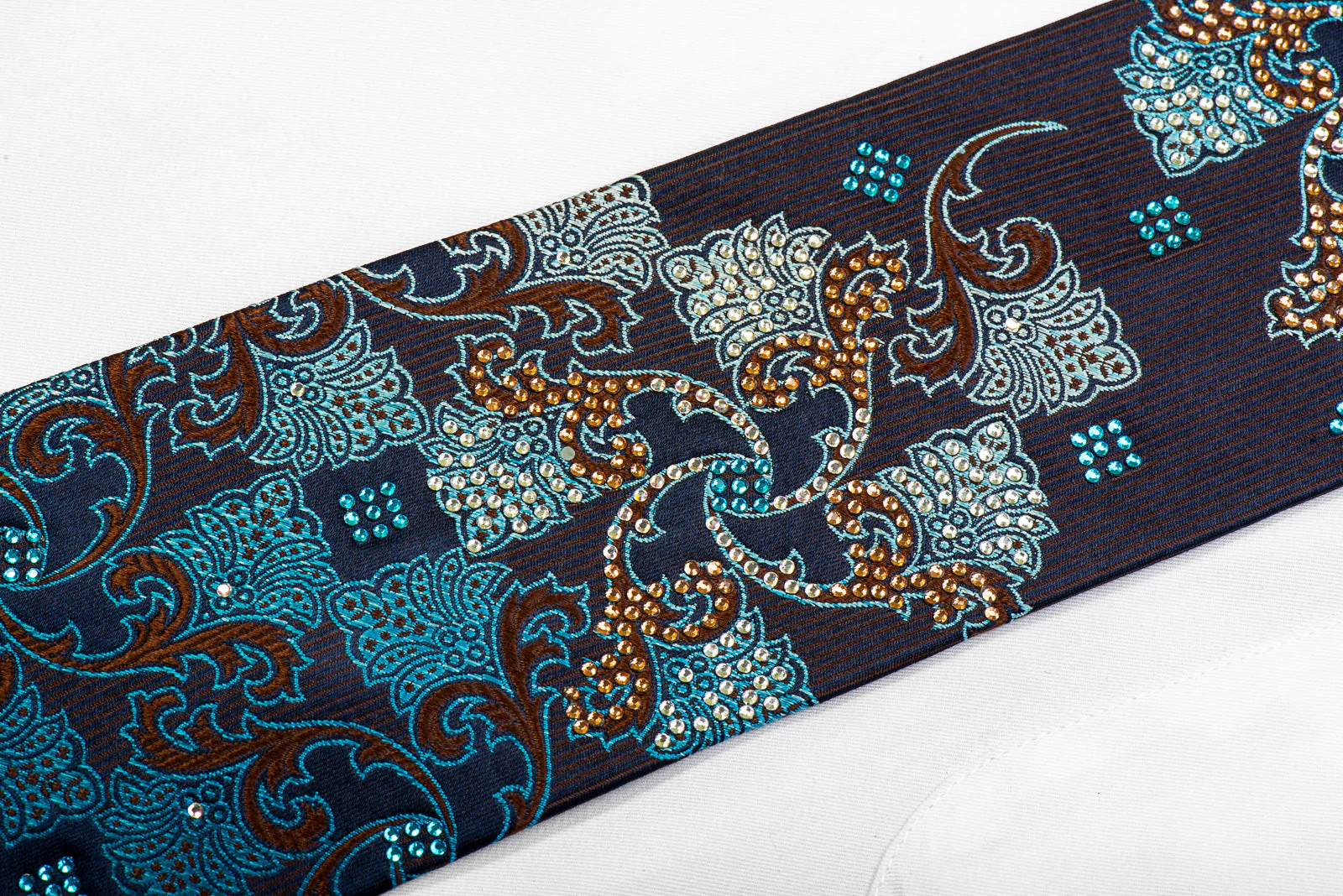 Premium Royal Rhinestone Silk Tie Brown Blue Anthemion Floral On Navy Blue - Image 3