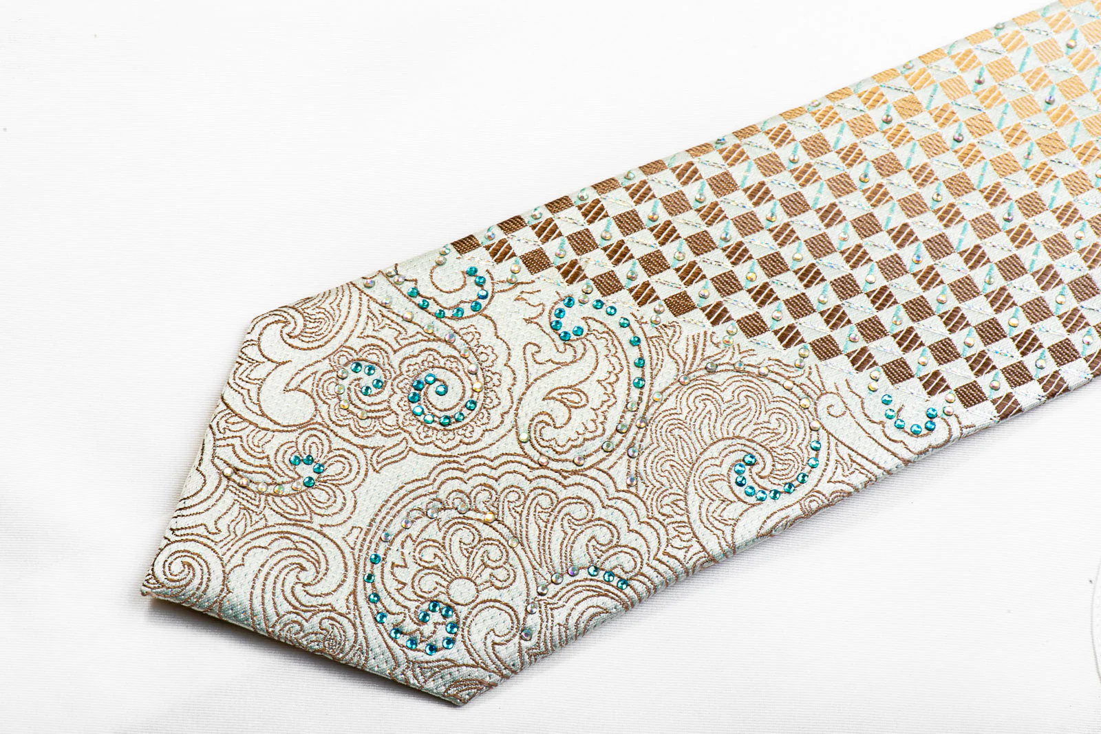 Premium Royal Rhinestone Silk Tie Gold Paisley Checkered On Pale Blue With Sparkles - Image 3